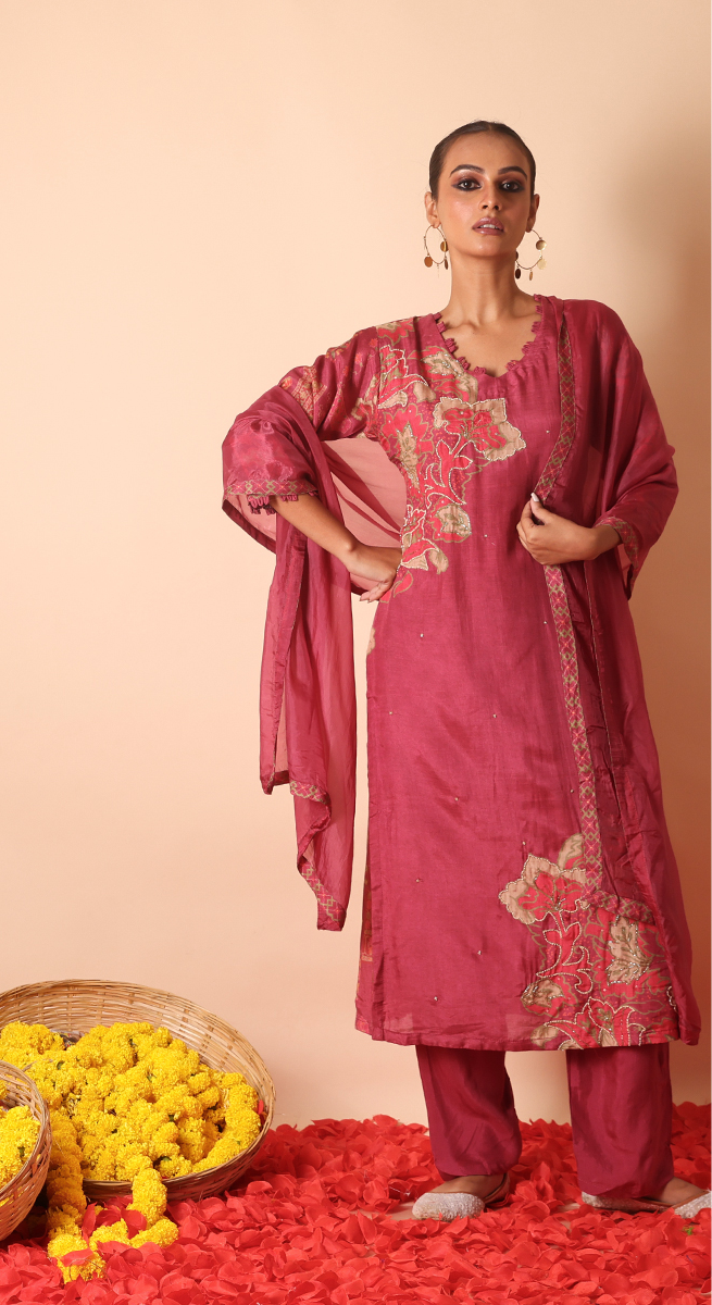 Nude pink silk suit