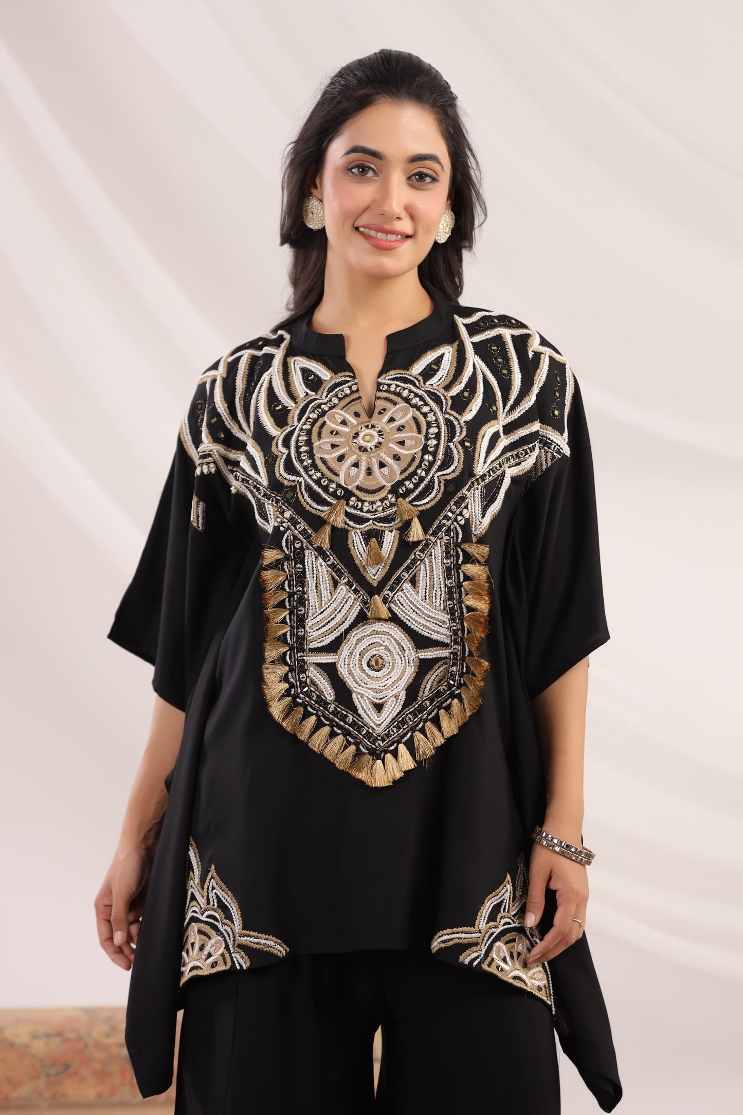 Black rayon Indo western kaftan boho work co ord set