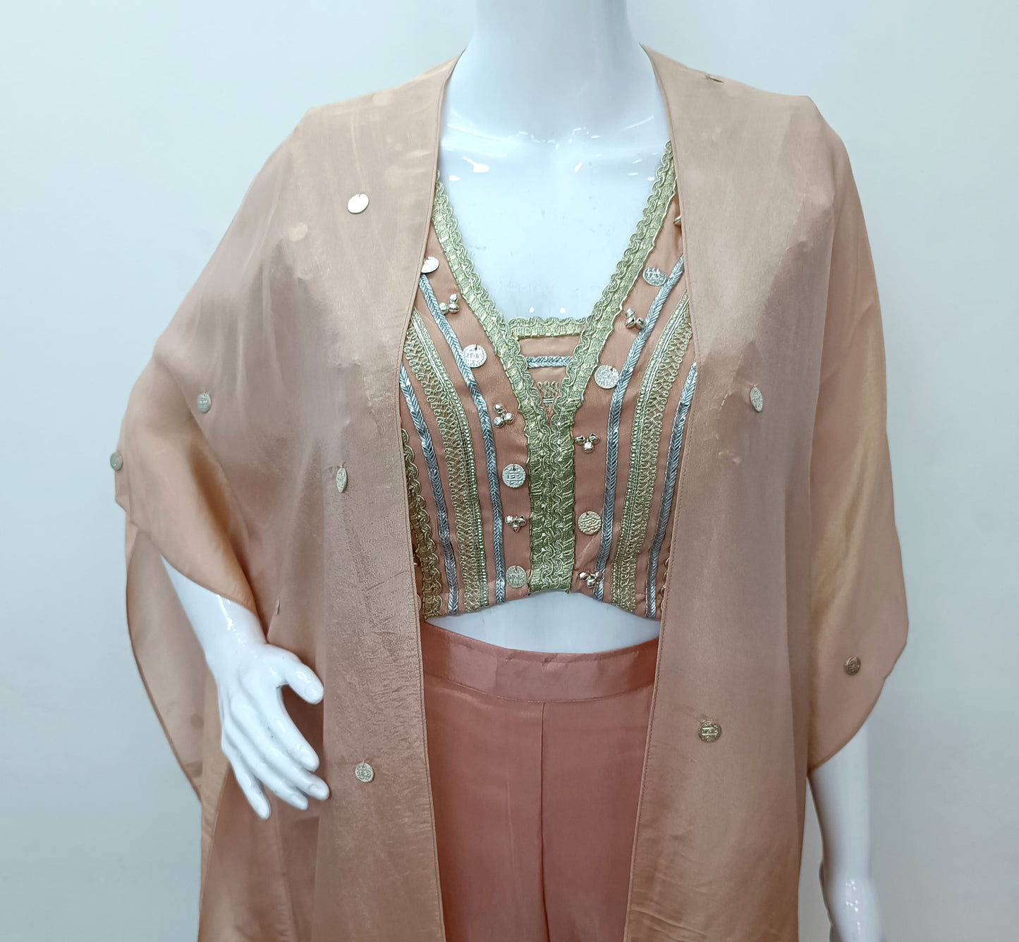 Rose gold Tissue Indo western desiber blouse with cape & sharara
