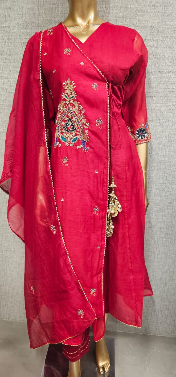 Angrakha pattern beautiful handwork suit in mul chandari