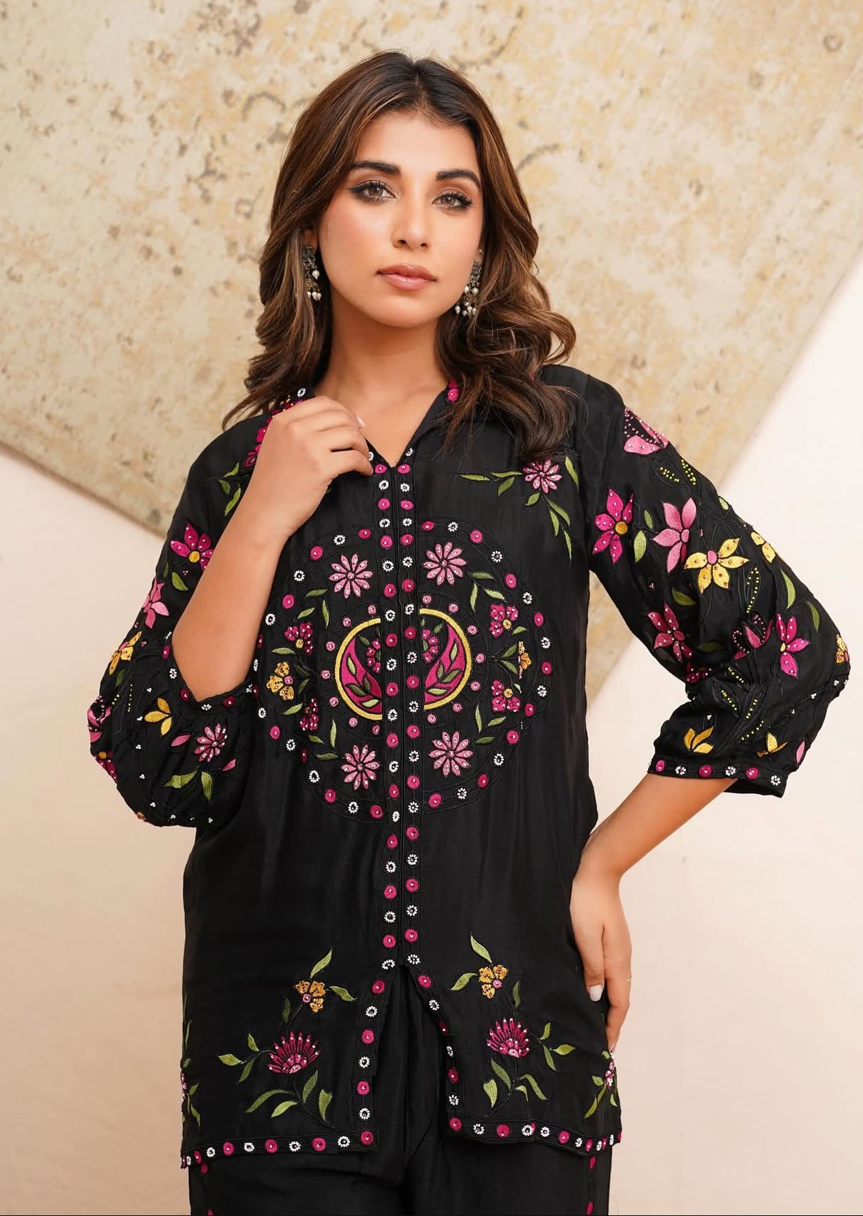 Black embroidery silk co ord set