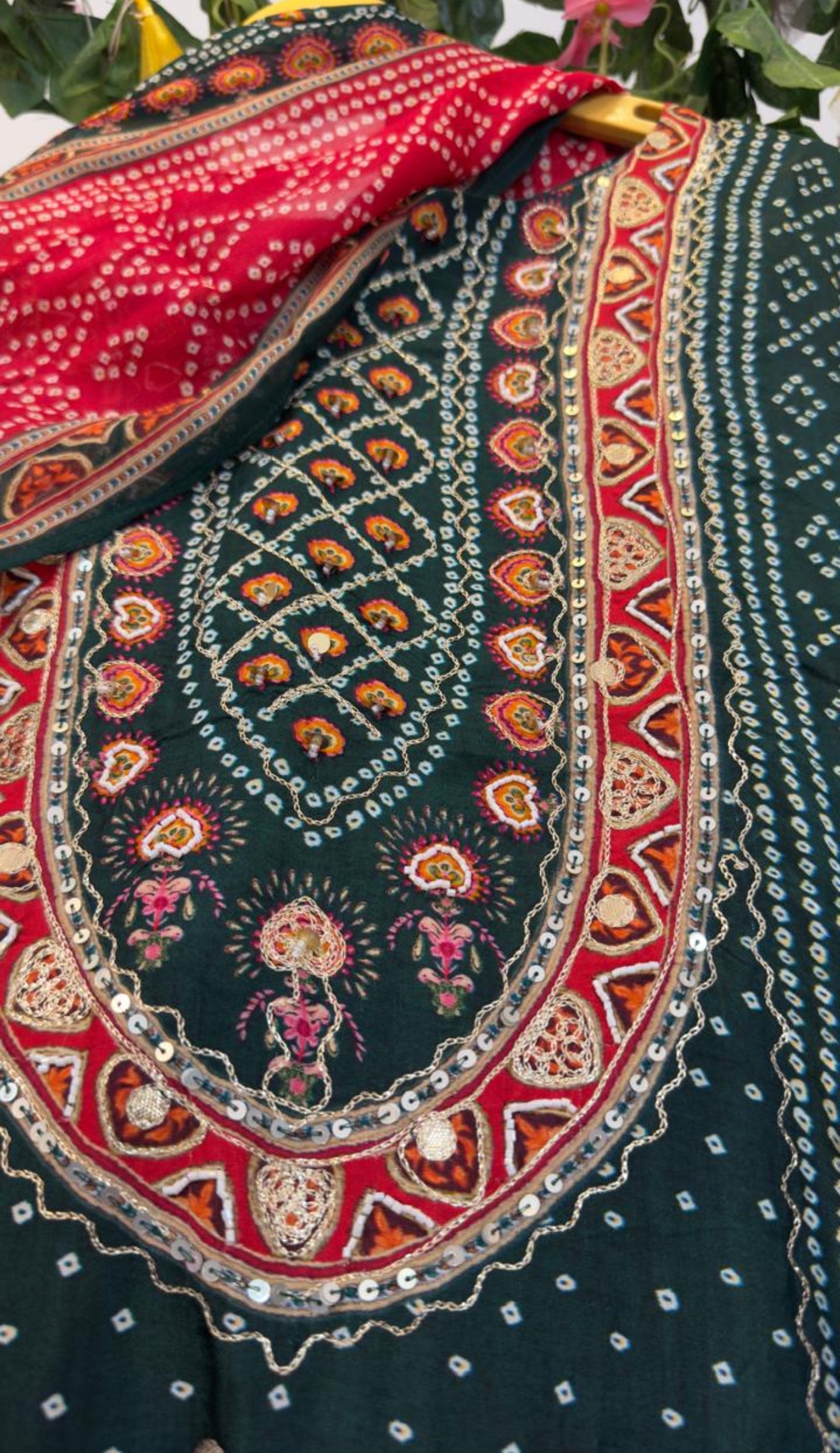 Bottle green Bandhani Russian silk suit