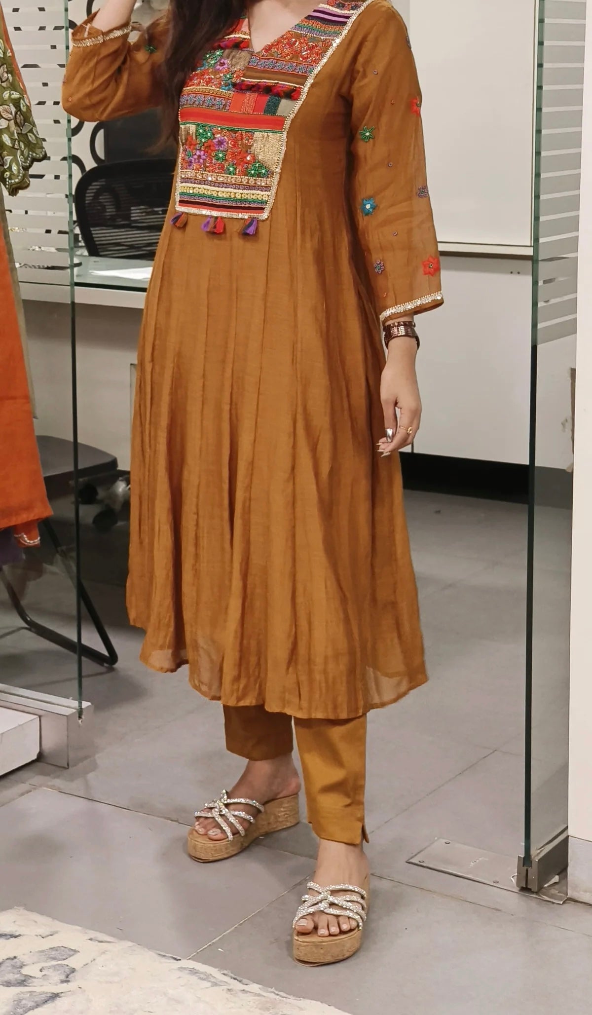 Elegance Redefined Mul Chanderi A-Line Kurta Set with Exquisite Multicolor Embroidery & pants