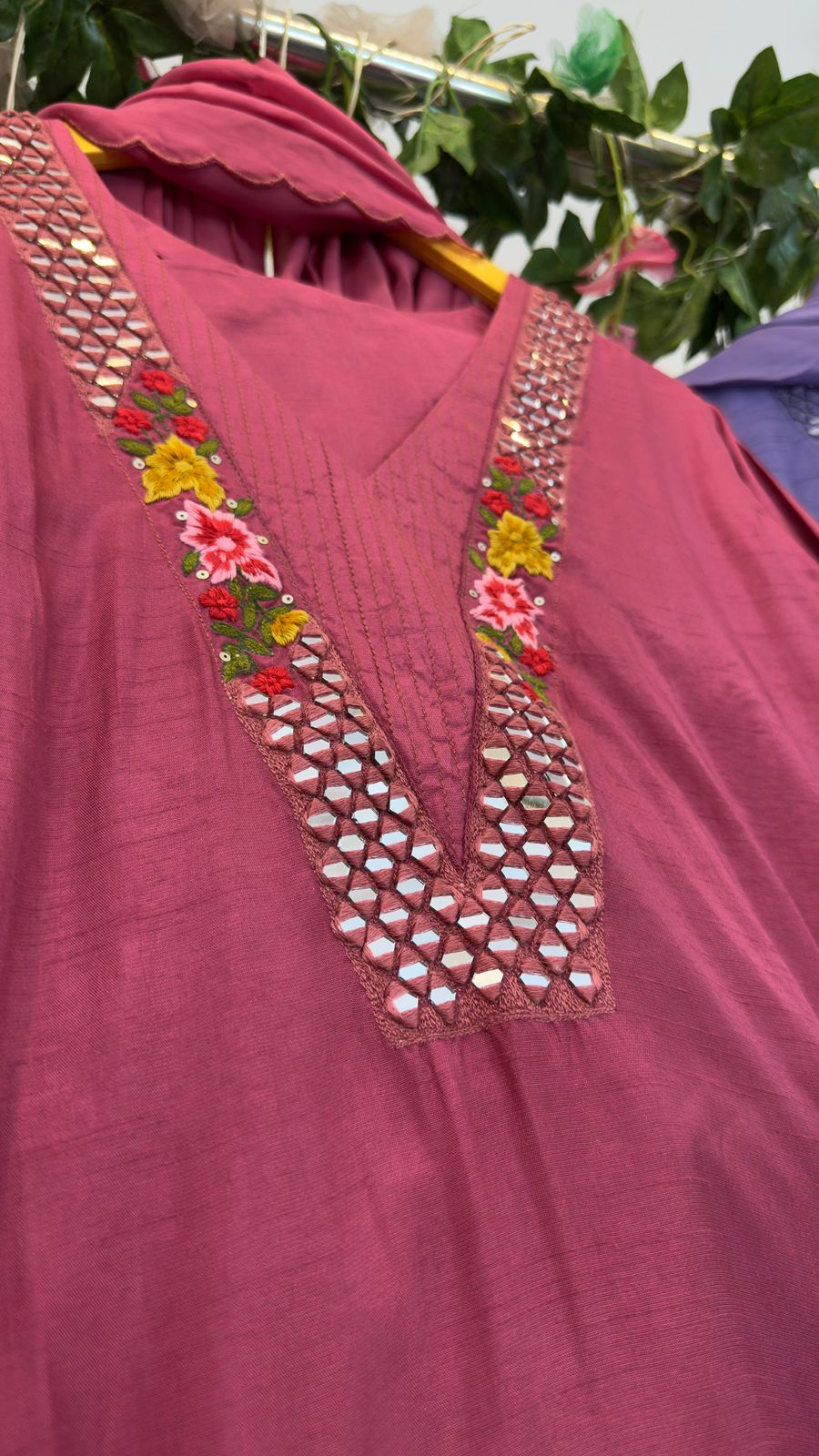 Blush pink V neck real mirror silk appliqué suit
