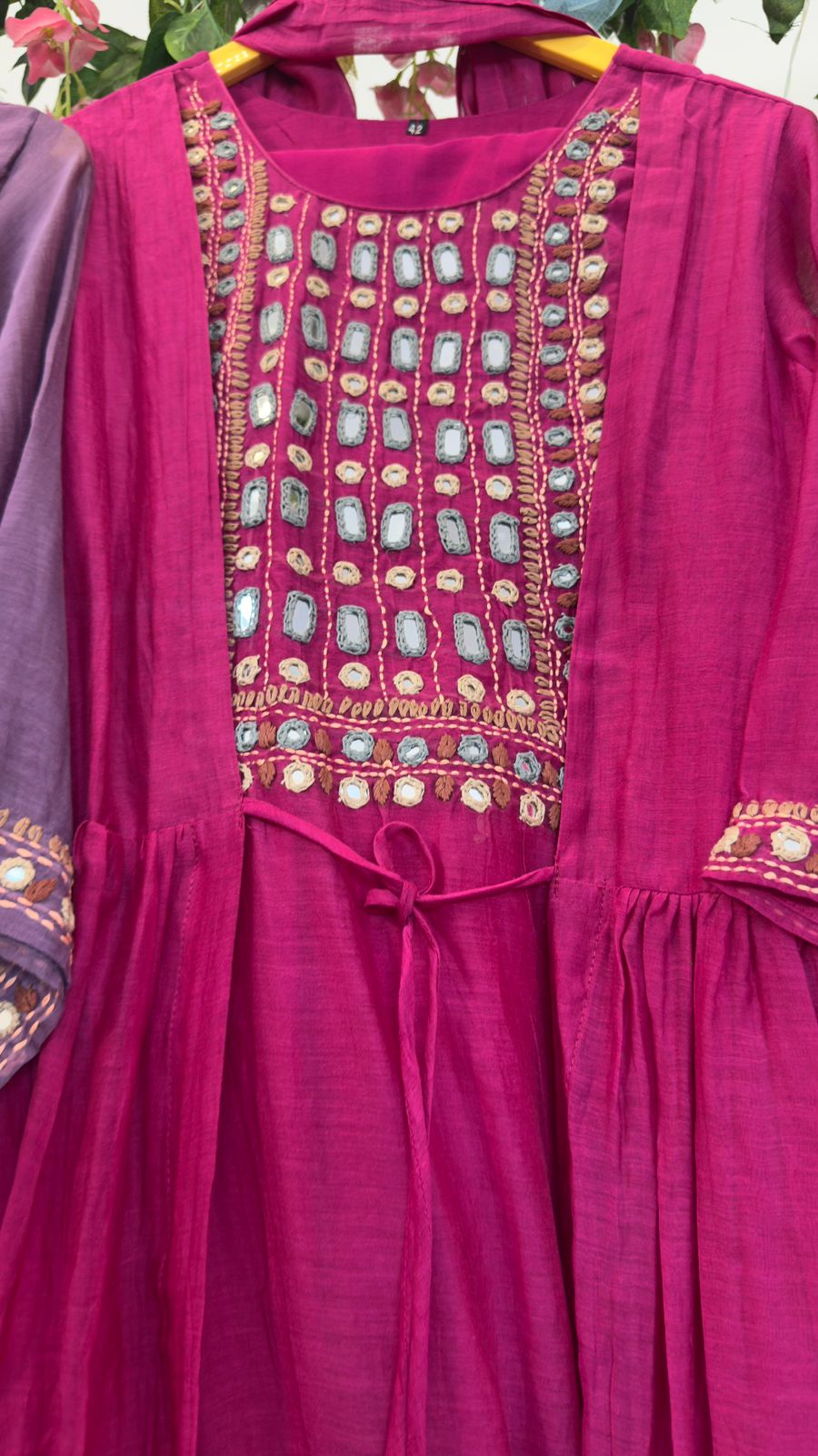 Real Mirror Front Work With Attached Jacket Mul Chanderi A-Line Full Suit Set