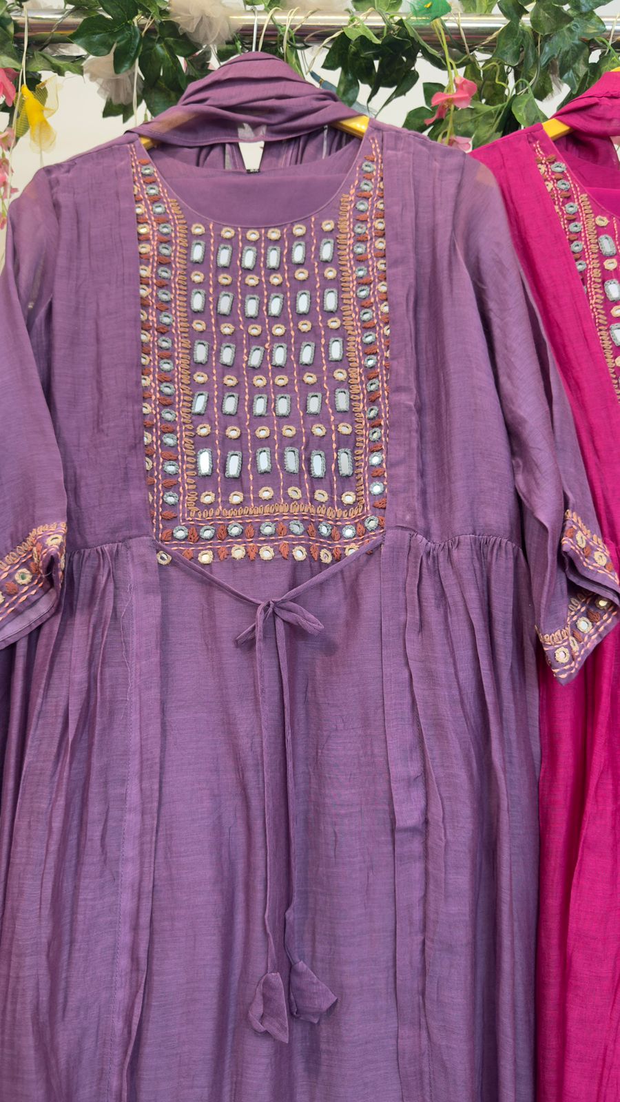 Real Mirror Front Work With Attached Jacket Mul Chanderi A-Line Full Suit Set