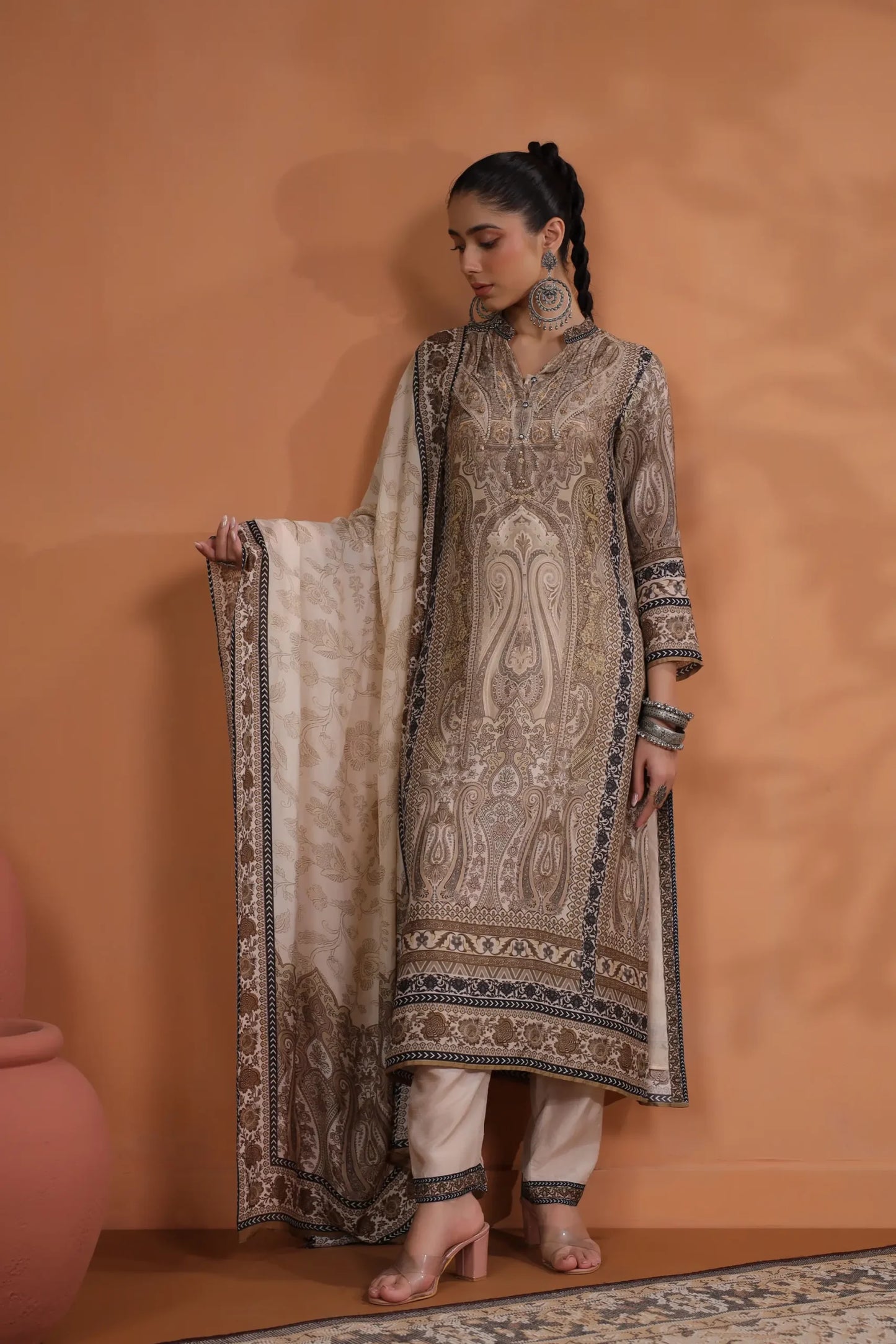 Traditional Print Straight Kurti With Pant And Printed Dupatta