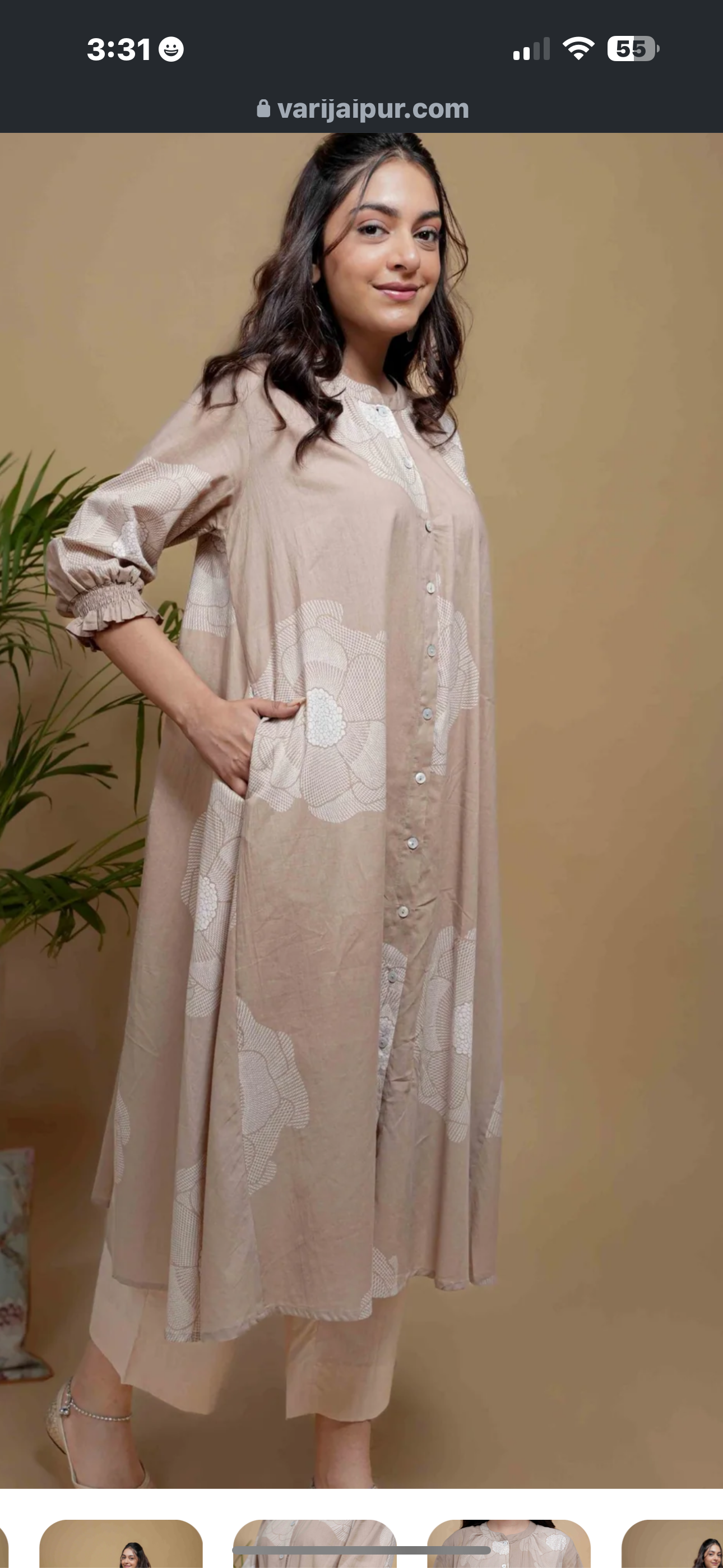 Light Beige Cotton Collar Neck White Buttons Down The Front Placket Kurta Pant Set