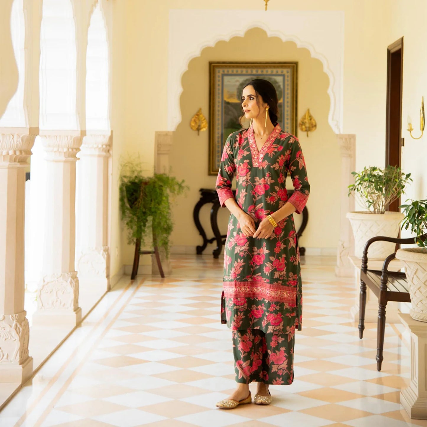 Bottle Green Printed Straight Kurta Pant Co-Ord Set
