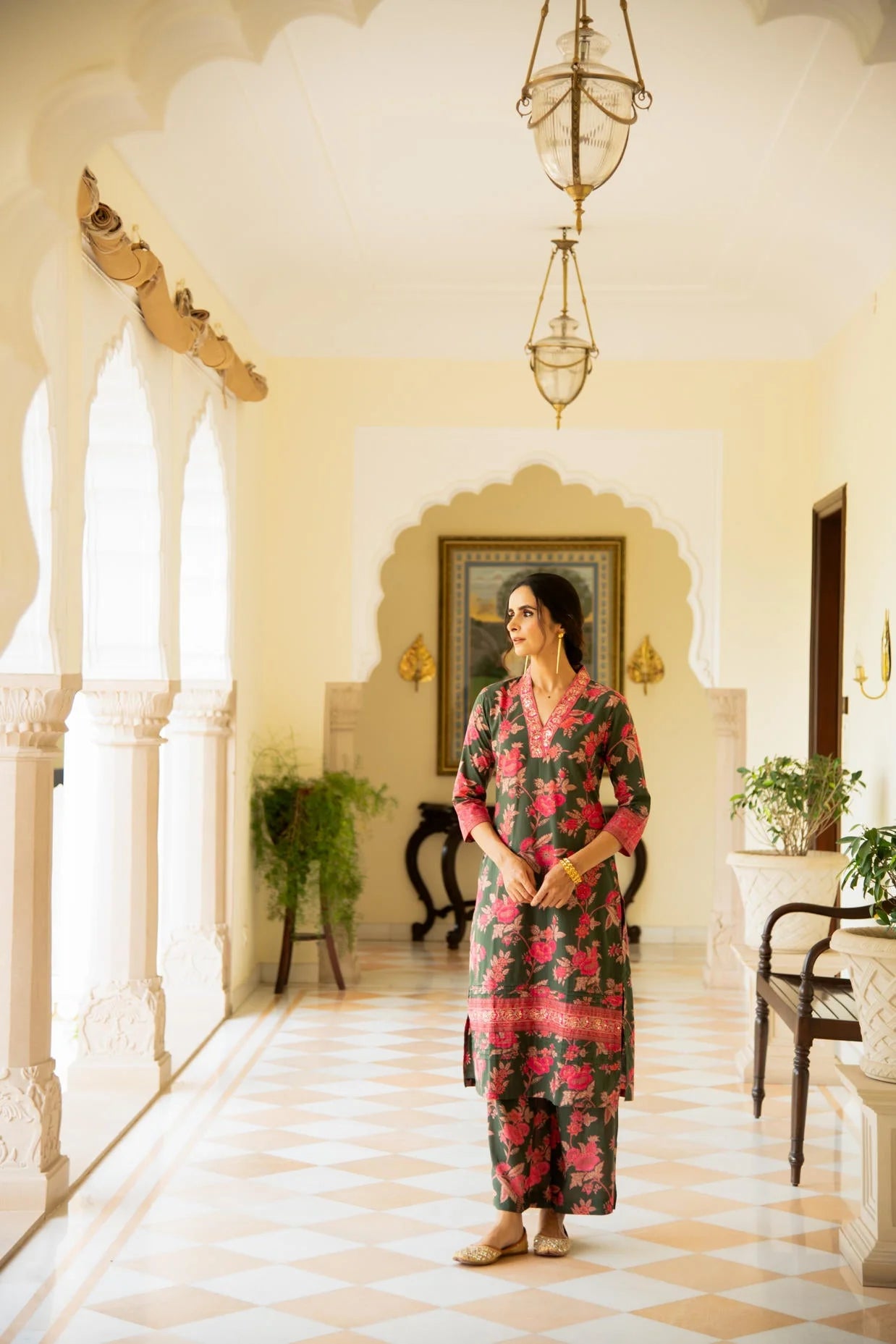 Bottle Green Printed Straight Kurta Pant Co-Ord Set