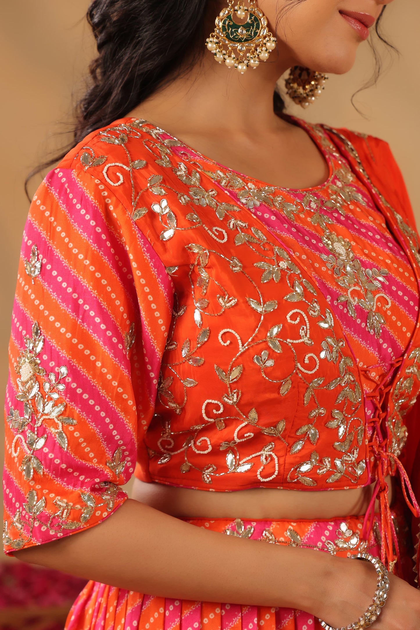 Lehenga Bandhani with gota silk blouse( orange & pink )