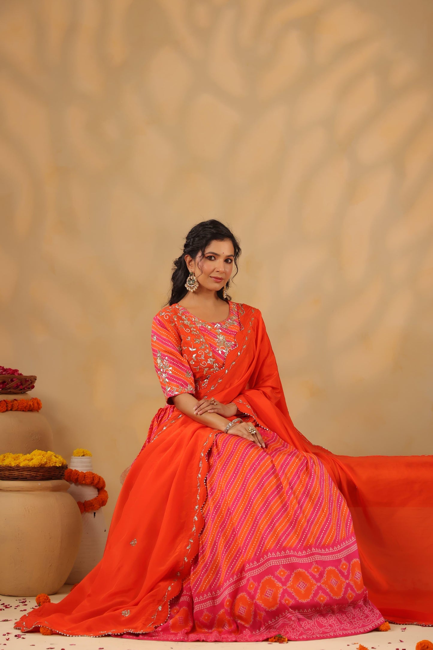 Lehenga Bandhani with gota silk blouse( orange & pink )