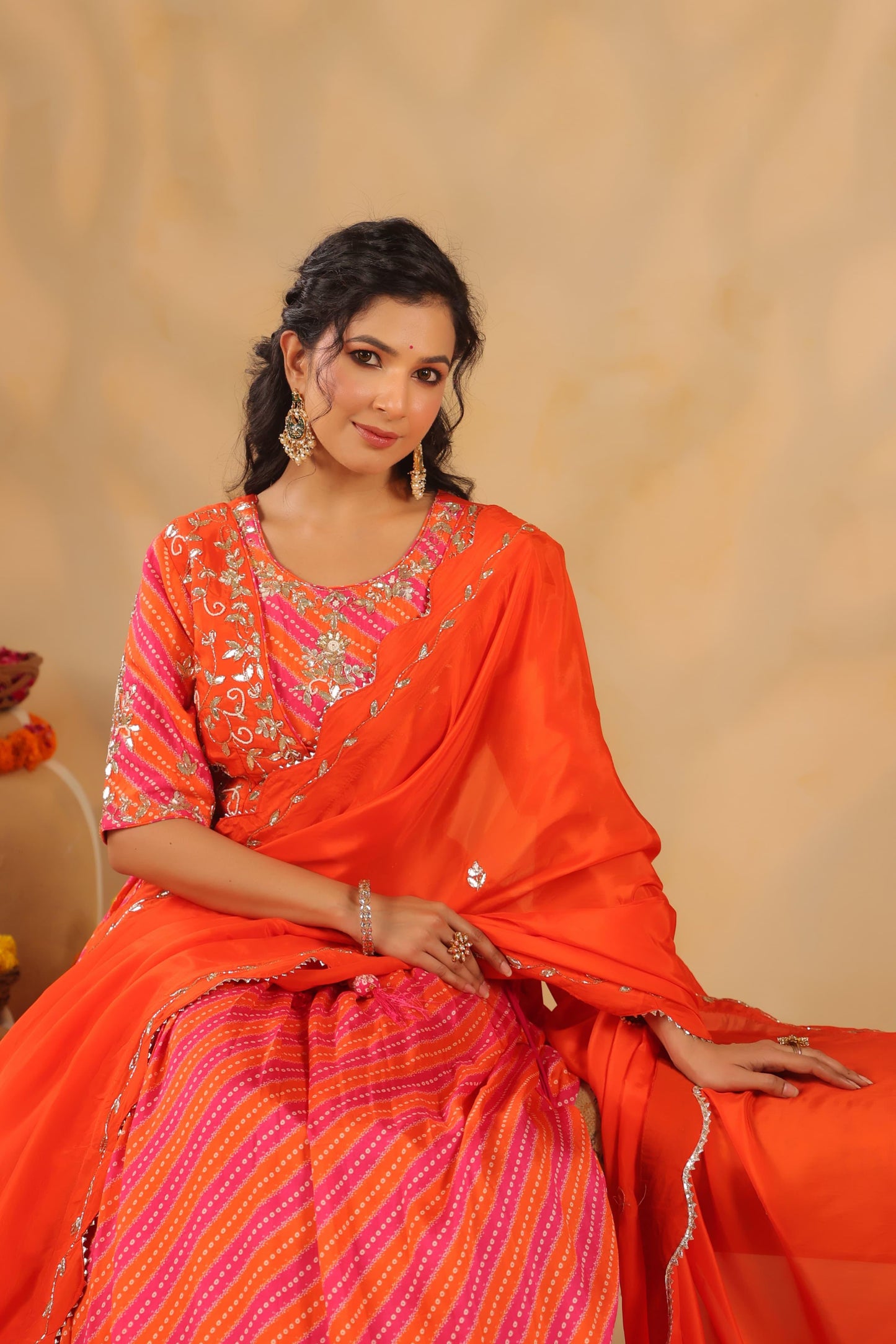 Lehenga Bandhani with gota silk blouse( orange & pink )