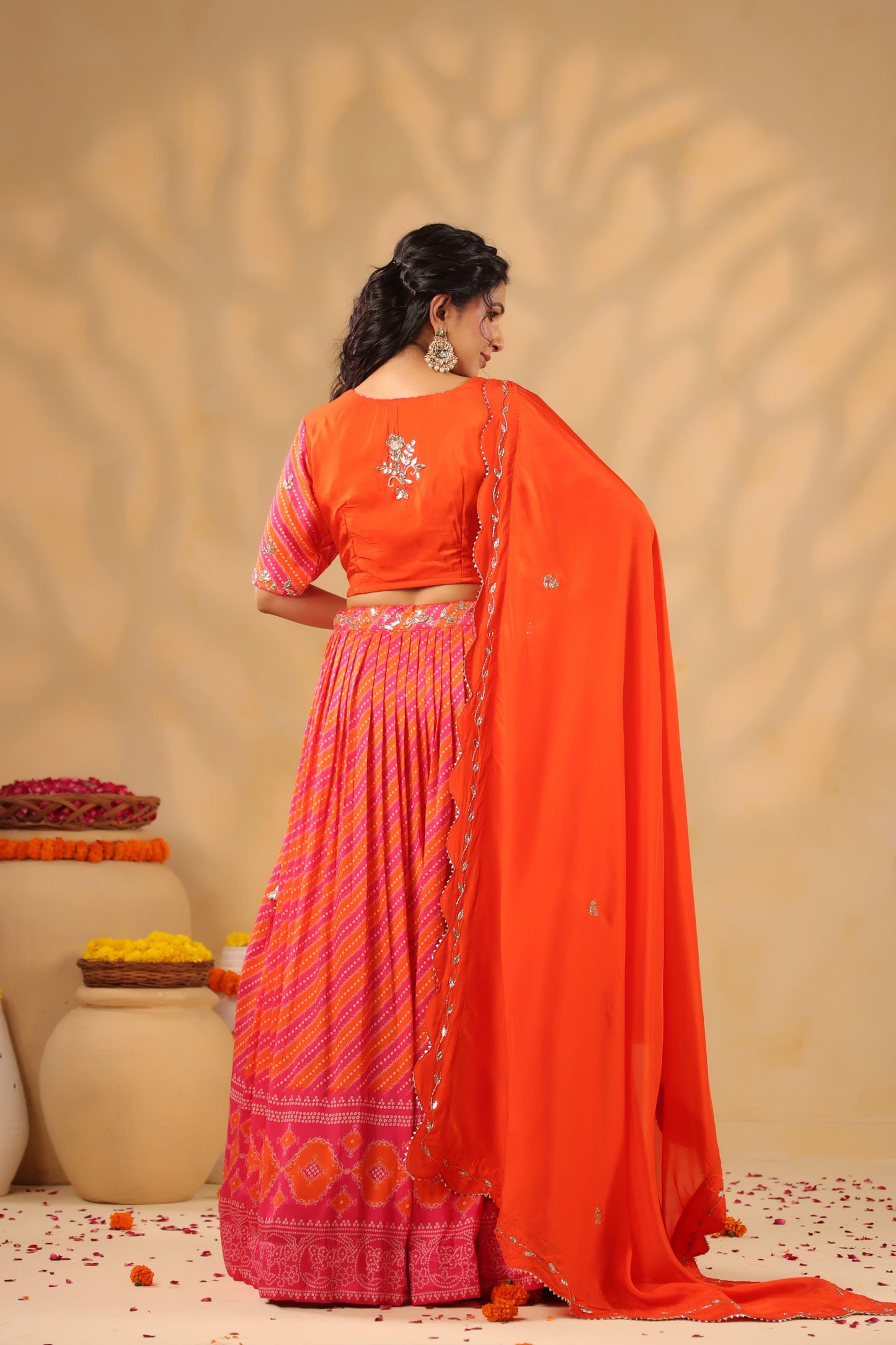 Lehenga Bandhani with gota silk blouse( orange & pink )