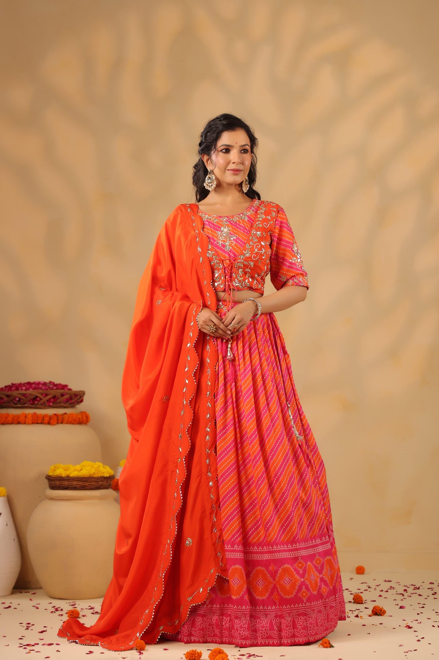 Lehenga Bandhani with gota silk blouse( orange & pink )