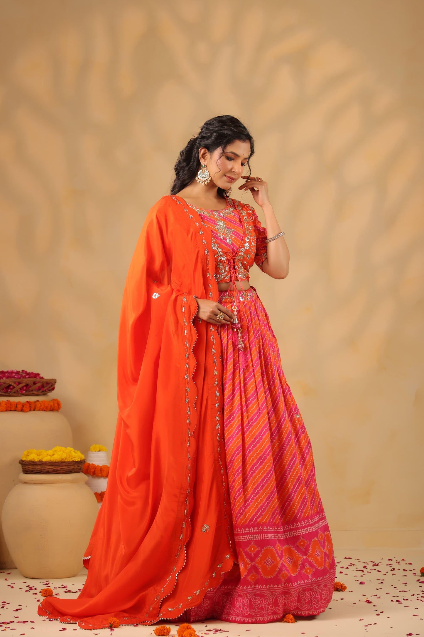 Lehenga Bandhani with gota silk blouse( orange & pink )