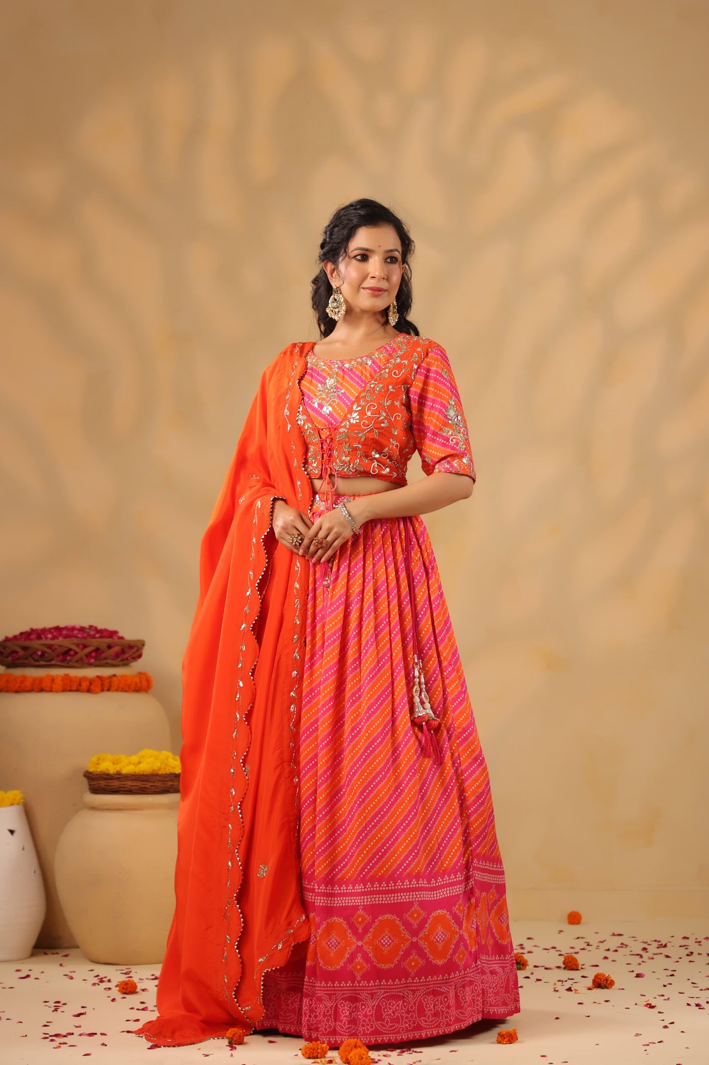 Lehenga Bandhani with gota silk blouse( orange & pink )