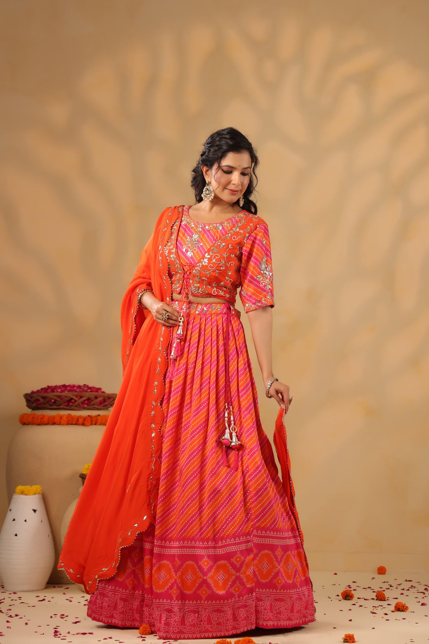 Lehenga Bandhani with gota silk blouse( orange & pink )