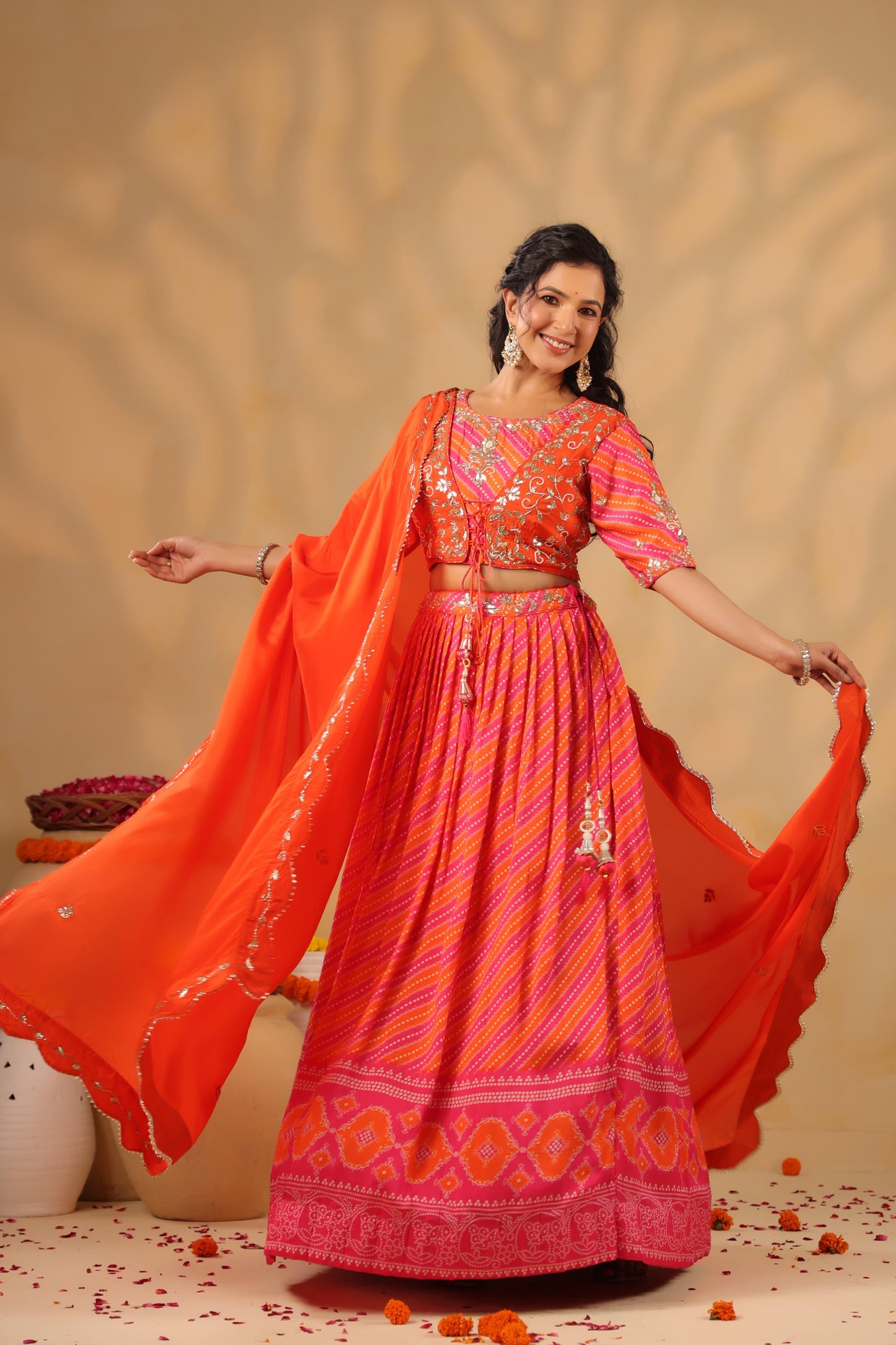 Lehenga Bandhani with gota silk blouse( orange & pink )