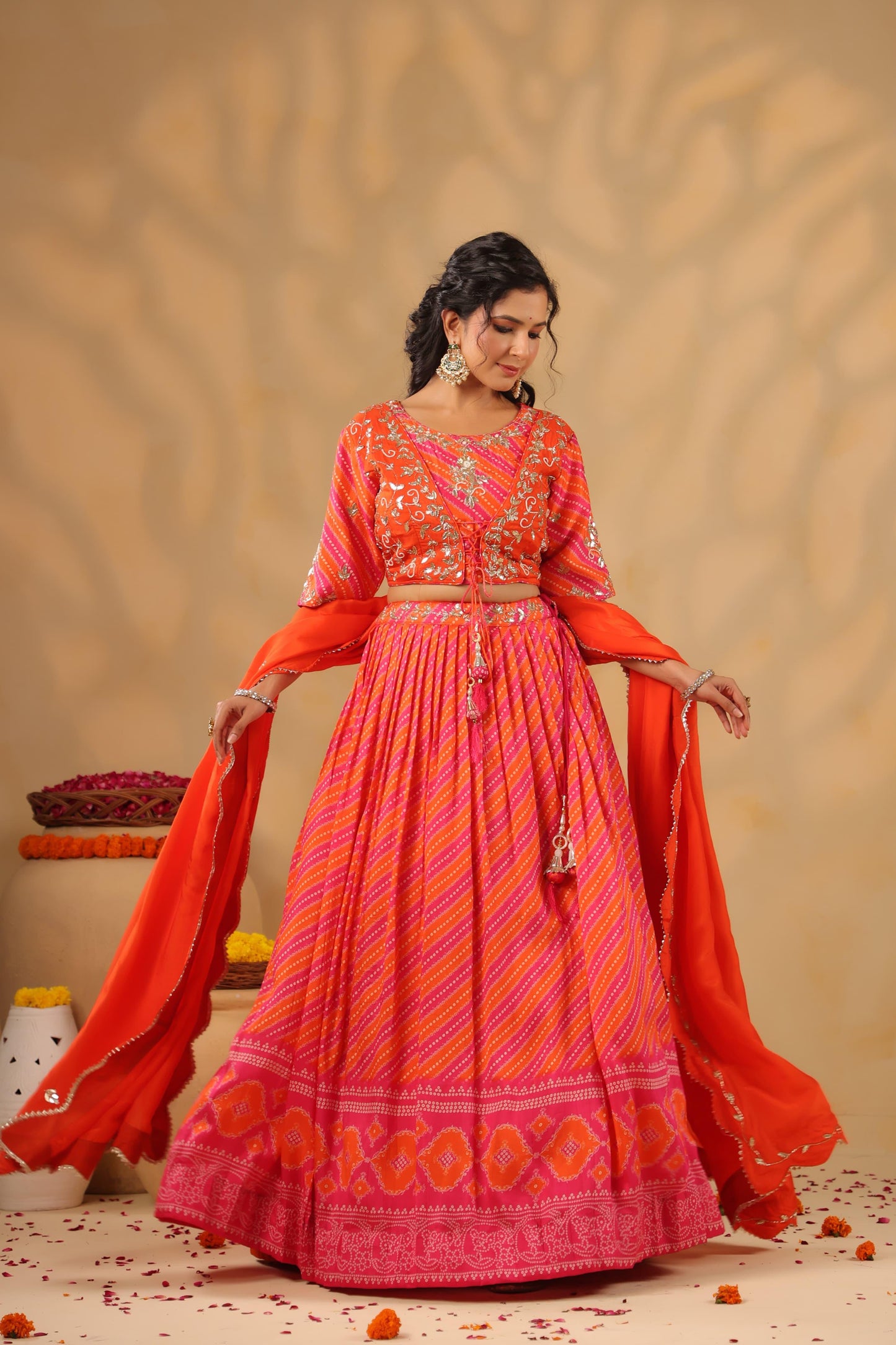 Lehenga Bandhani with gota silk blouse( orange & pink )