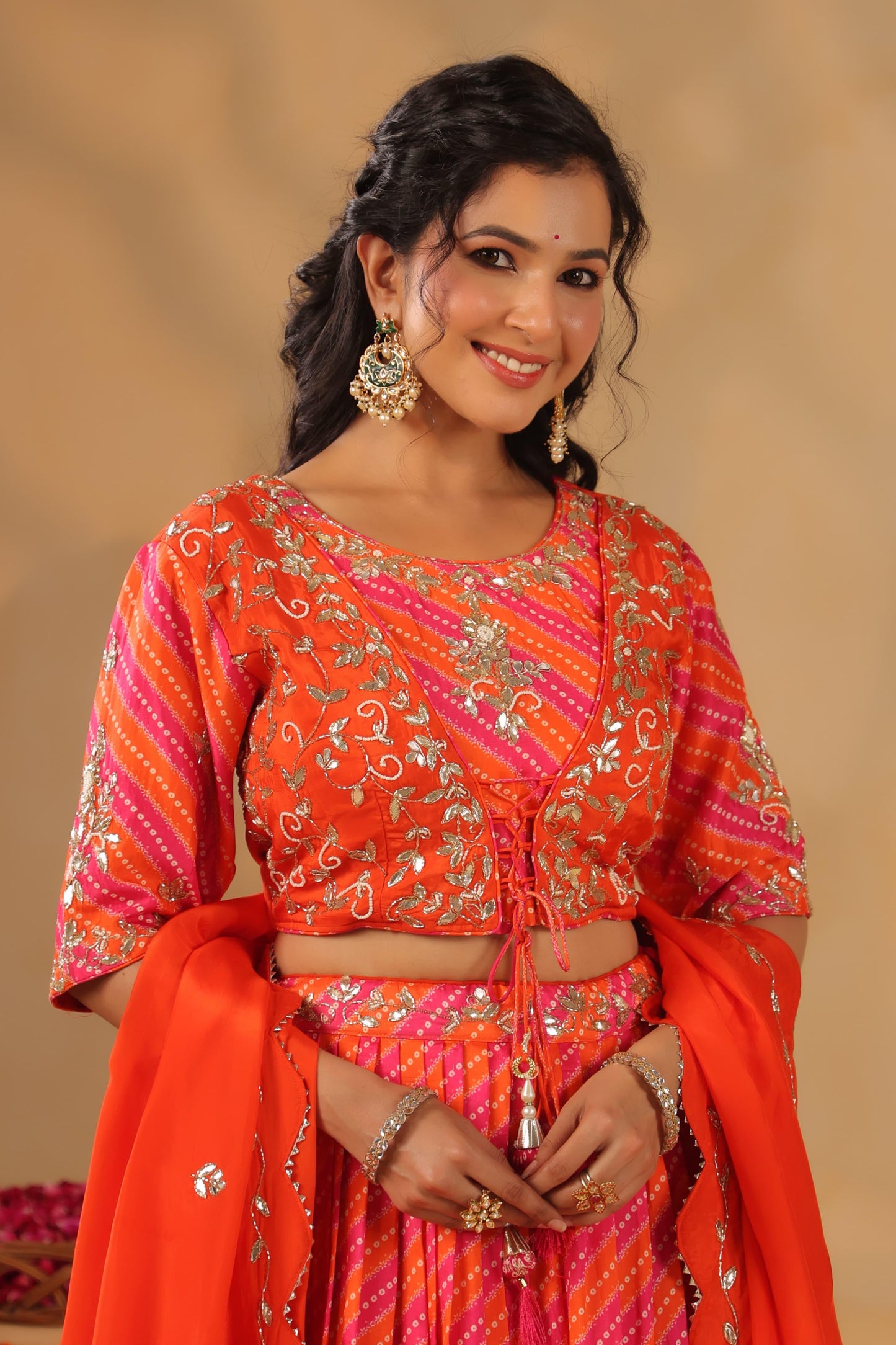 Lehenga Bandhani with gota silk blouse( orange & pink )