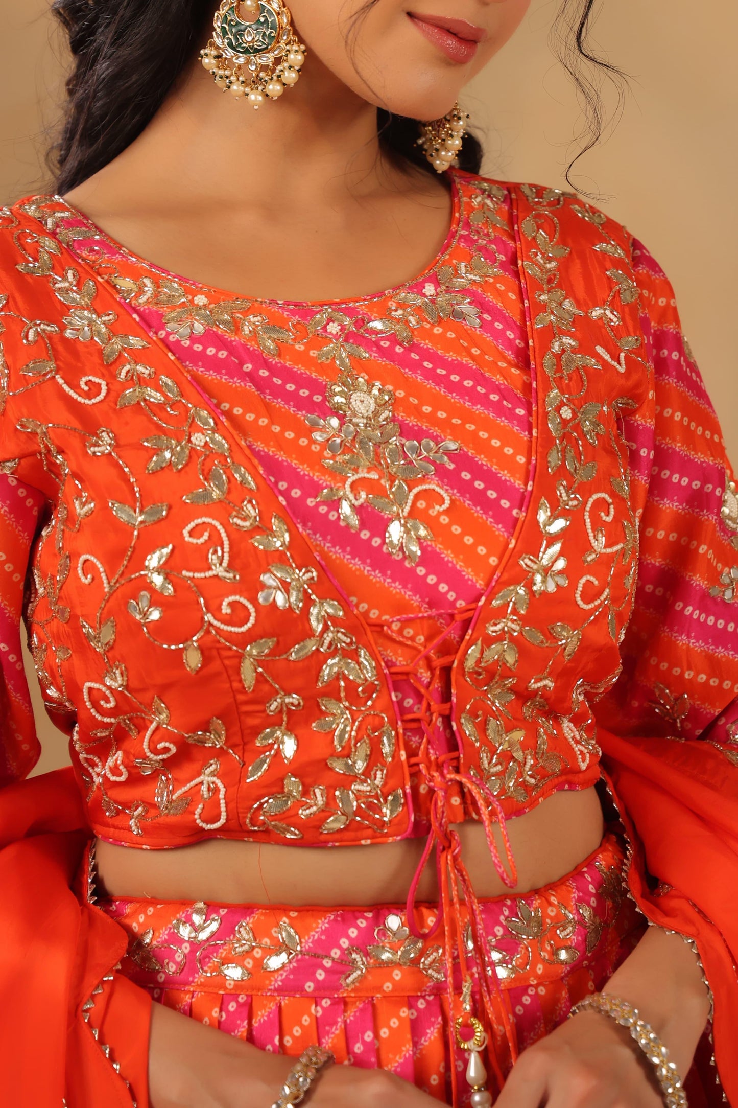 Lehenga Bandhani with gota silk blouse( orange & pink )