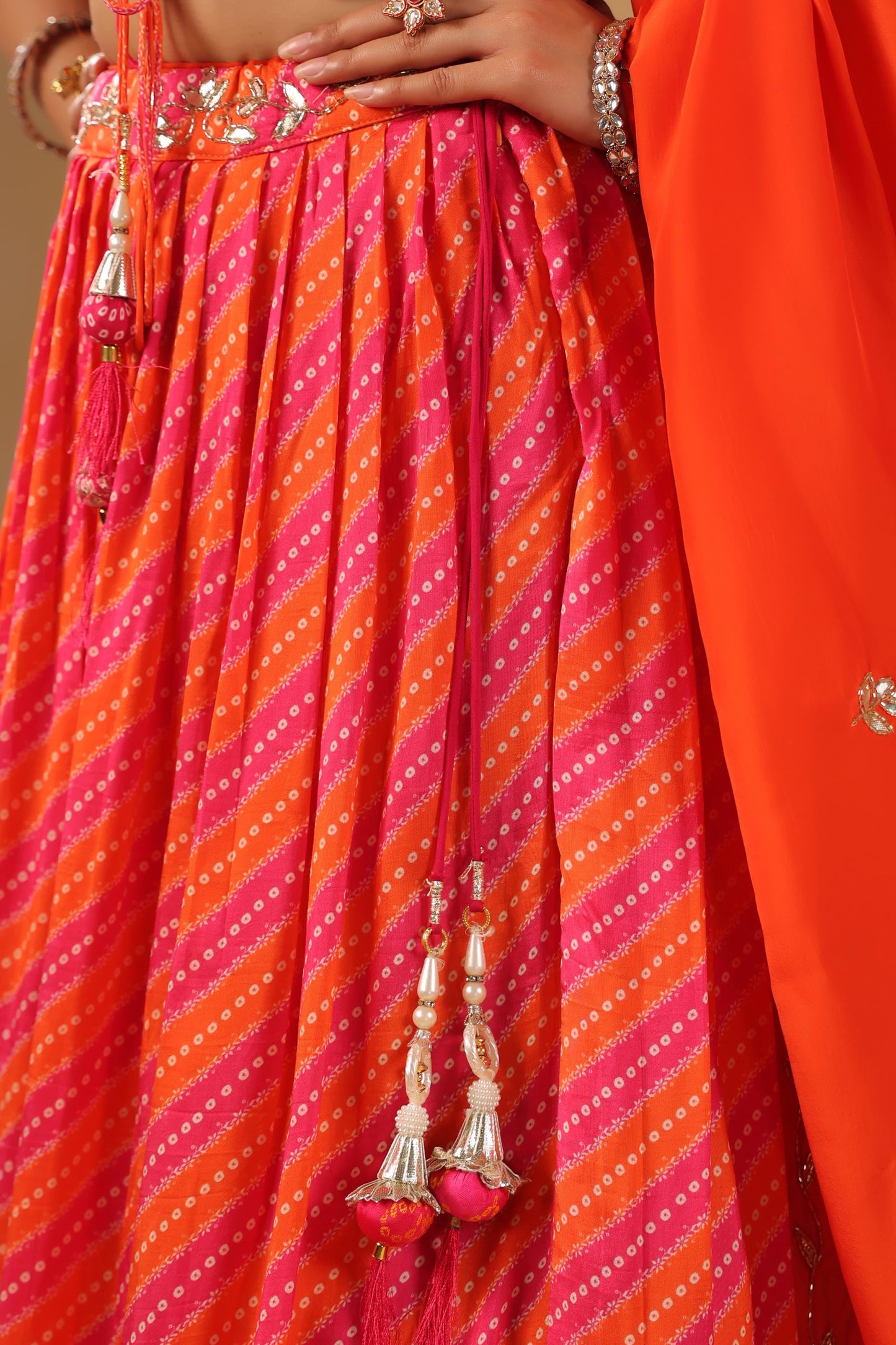 Lehenga Bandhani with gota silk blouse( orange & pink )