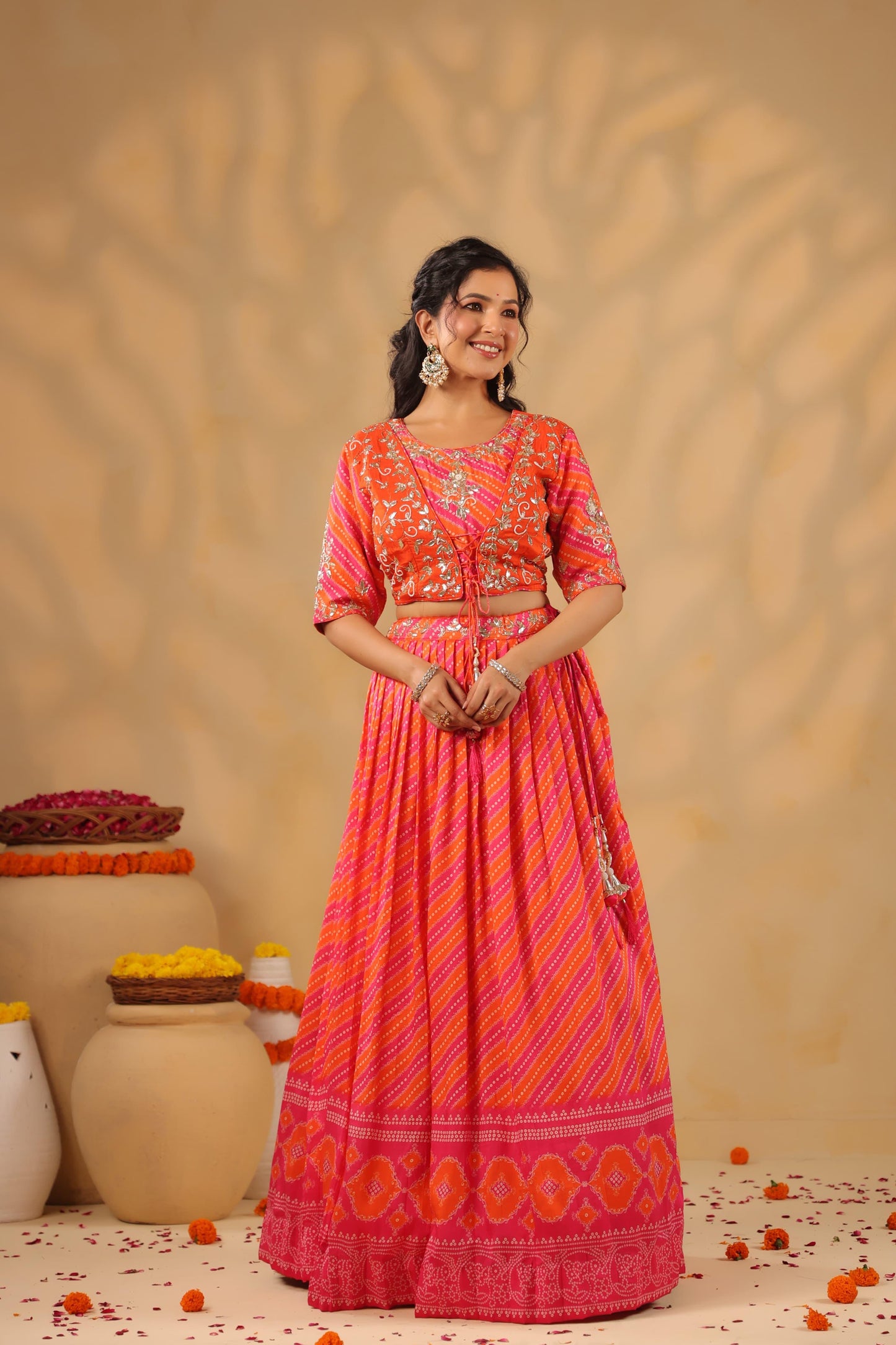 Lehenga Bandhani with gota silk blouse( orange & pink )
