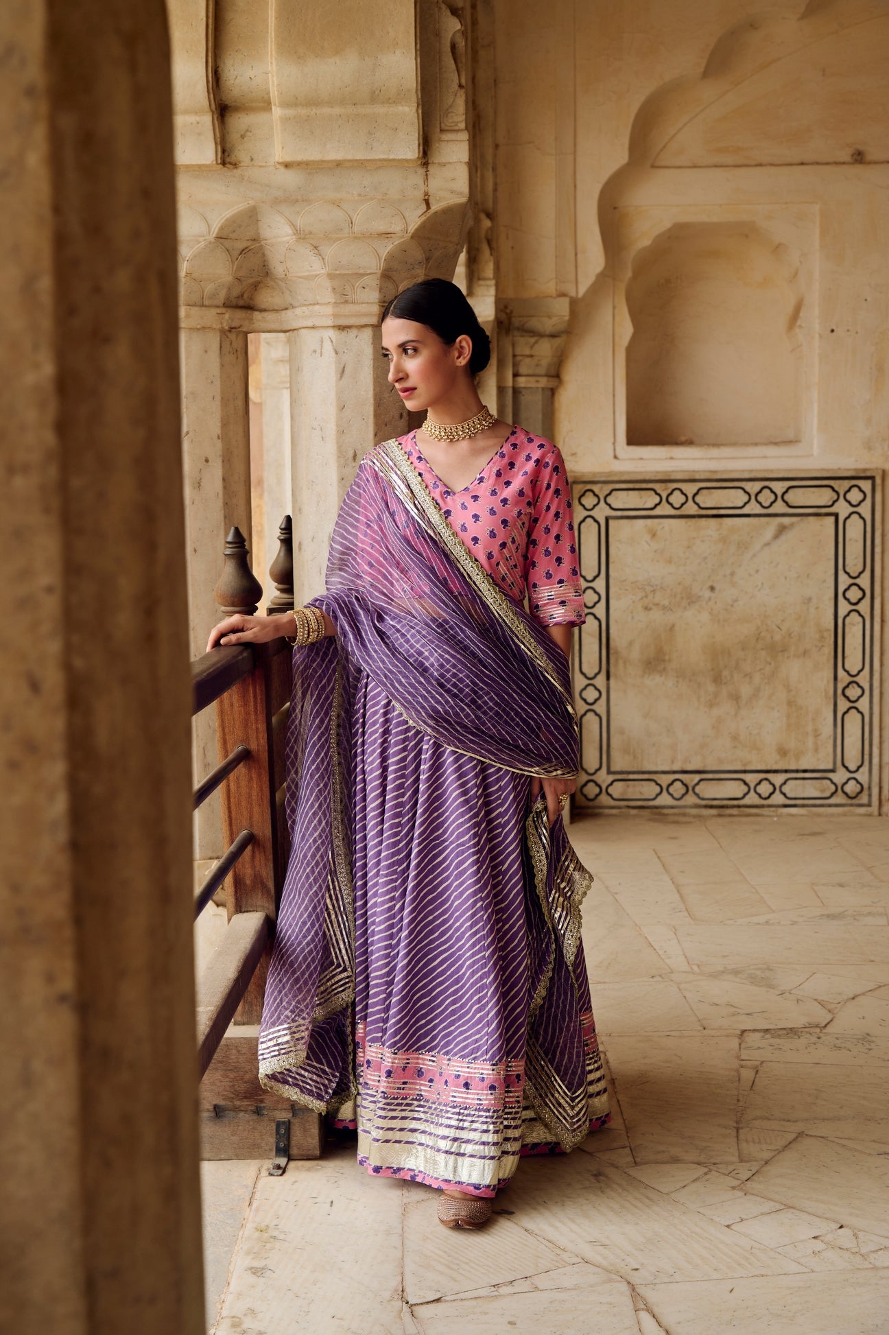 Pink Purple Cotton Gota Work Lehenga Set with Dupatta