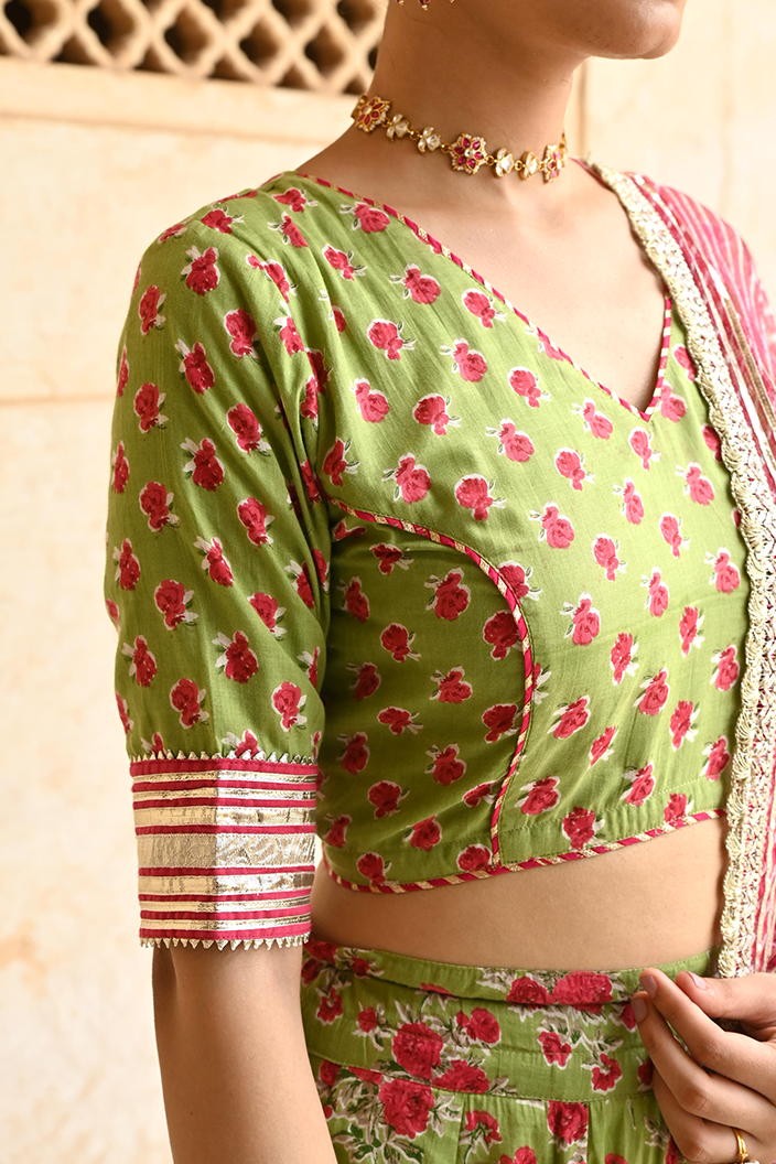 Green Mulmul Gota Work Lehenga Blouse Set with Dupatta