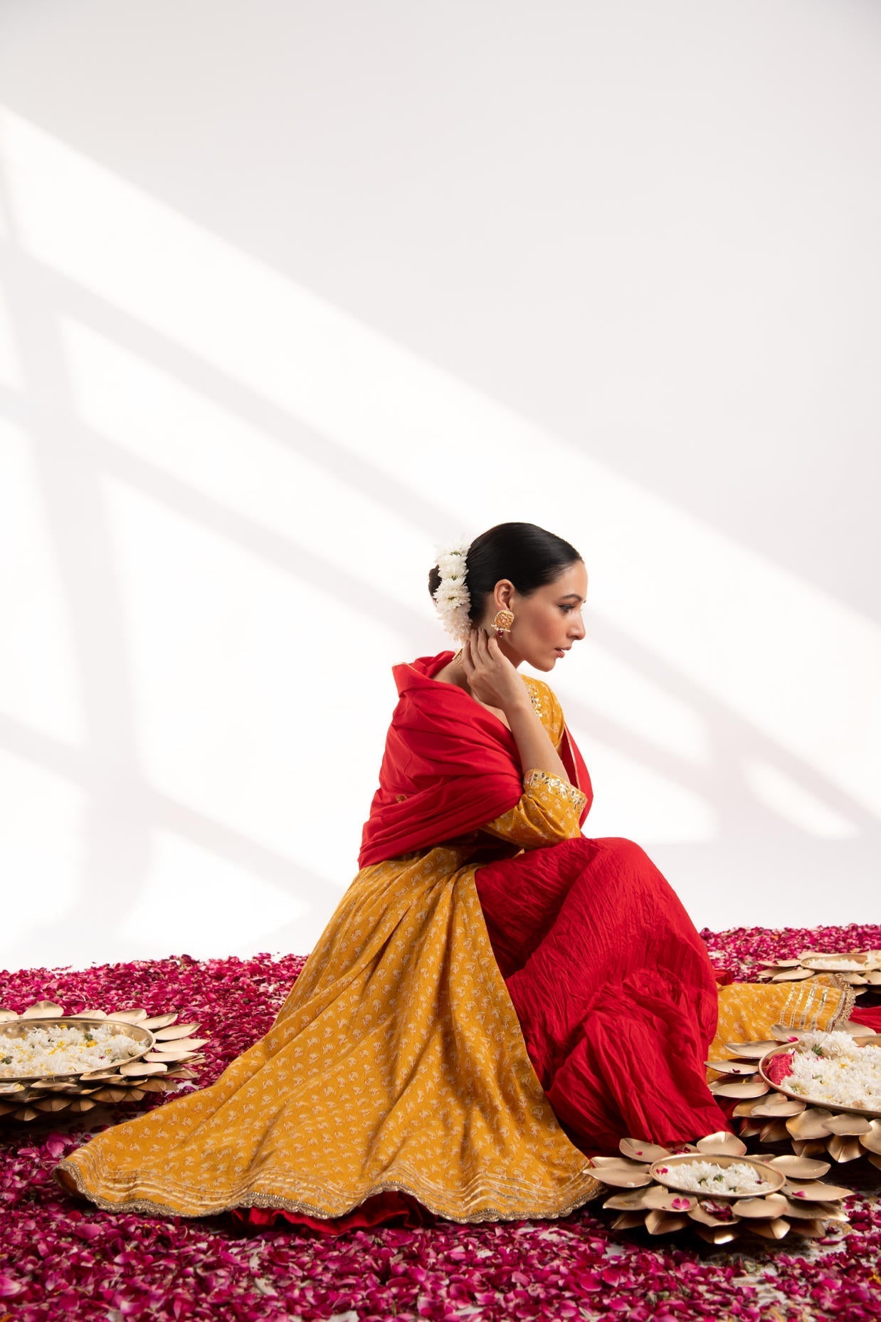 Mustard Printed Kali Kurta with Red Skirt and Dupatta