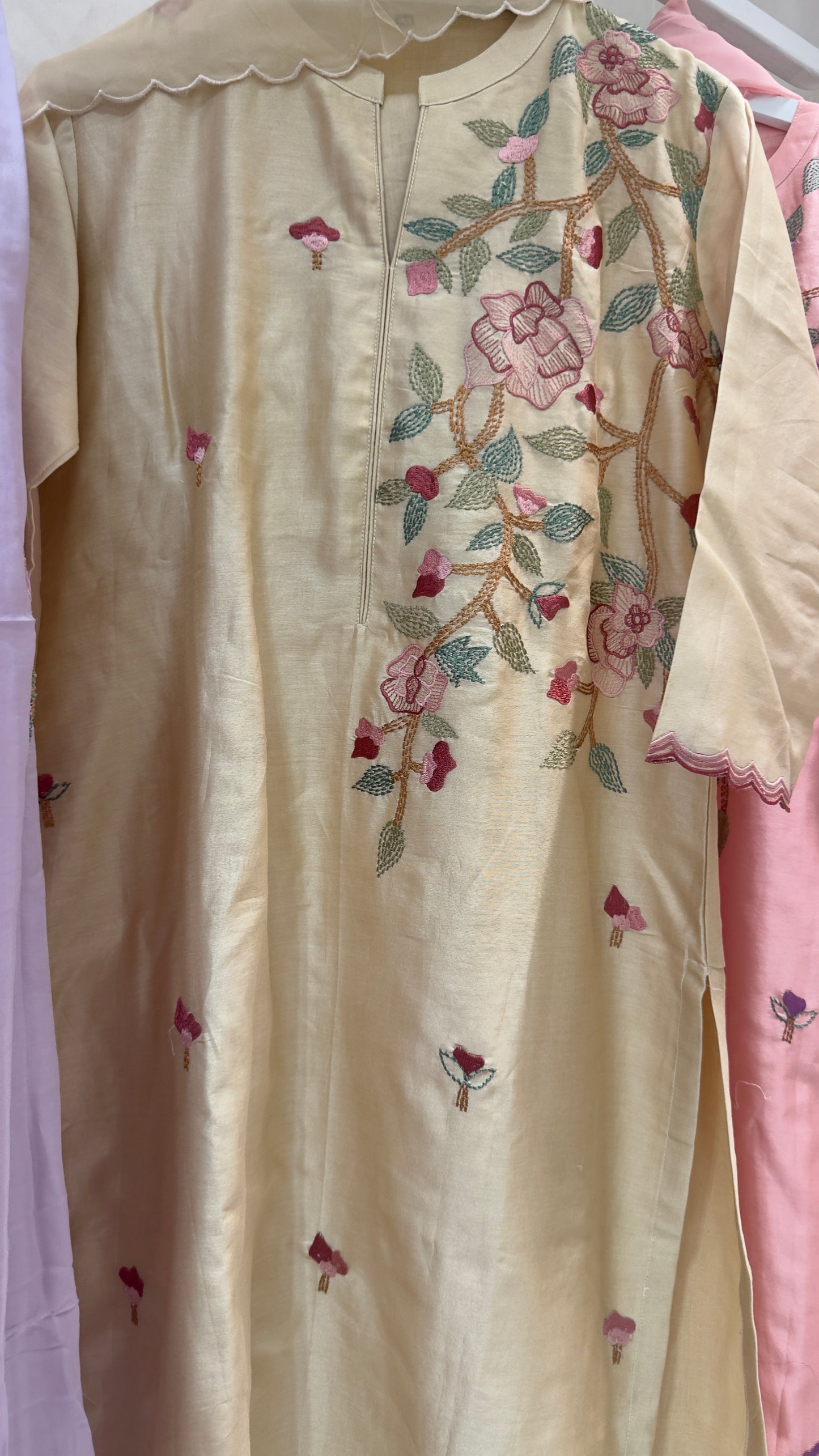 Pastel chandari silk staright suit with soft organza Dupatta and silk pants
