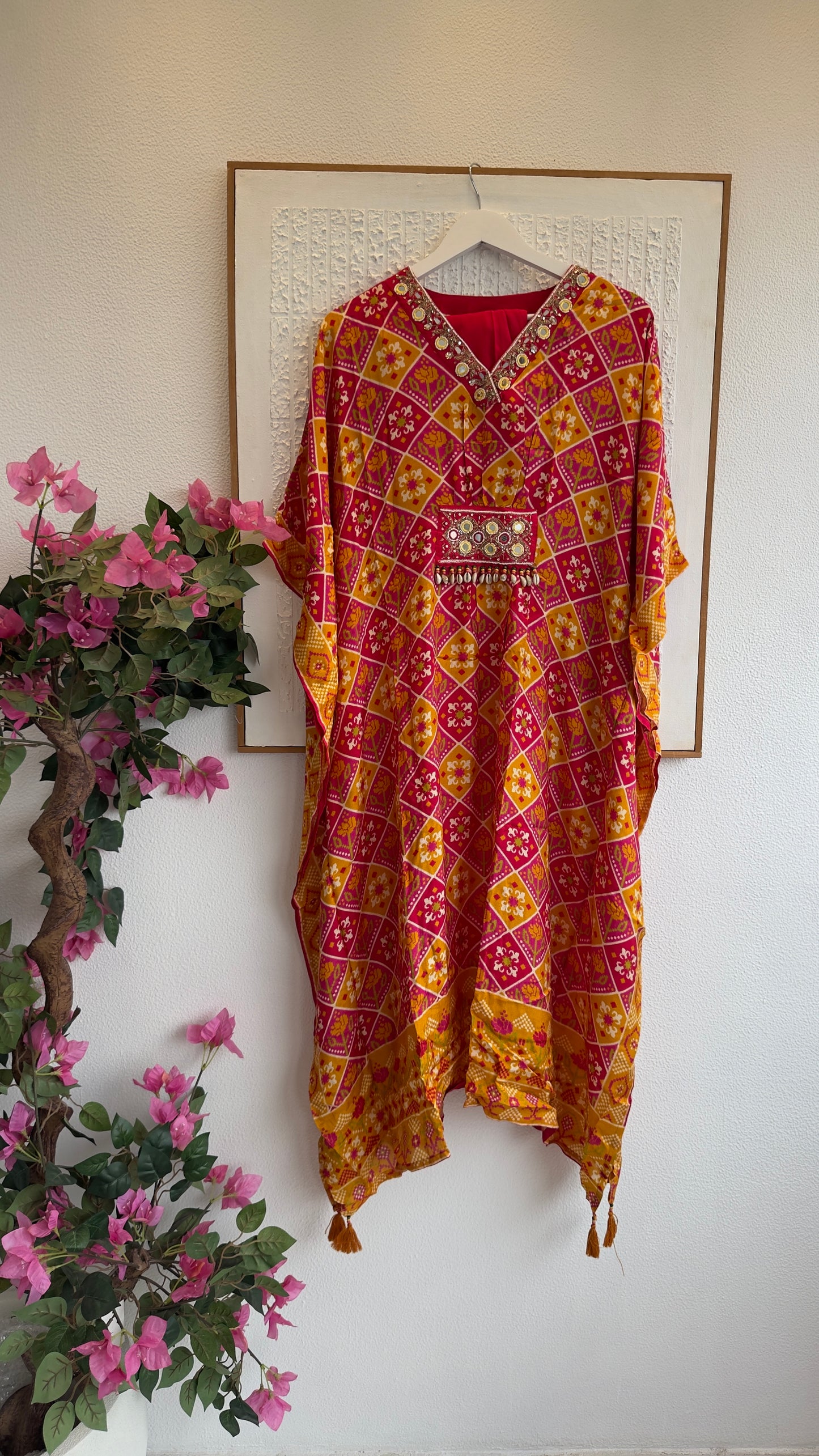 Muslin Patola kaftan set with Santoon straight bottom