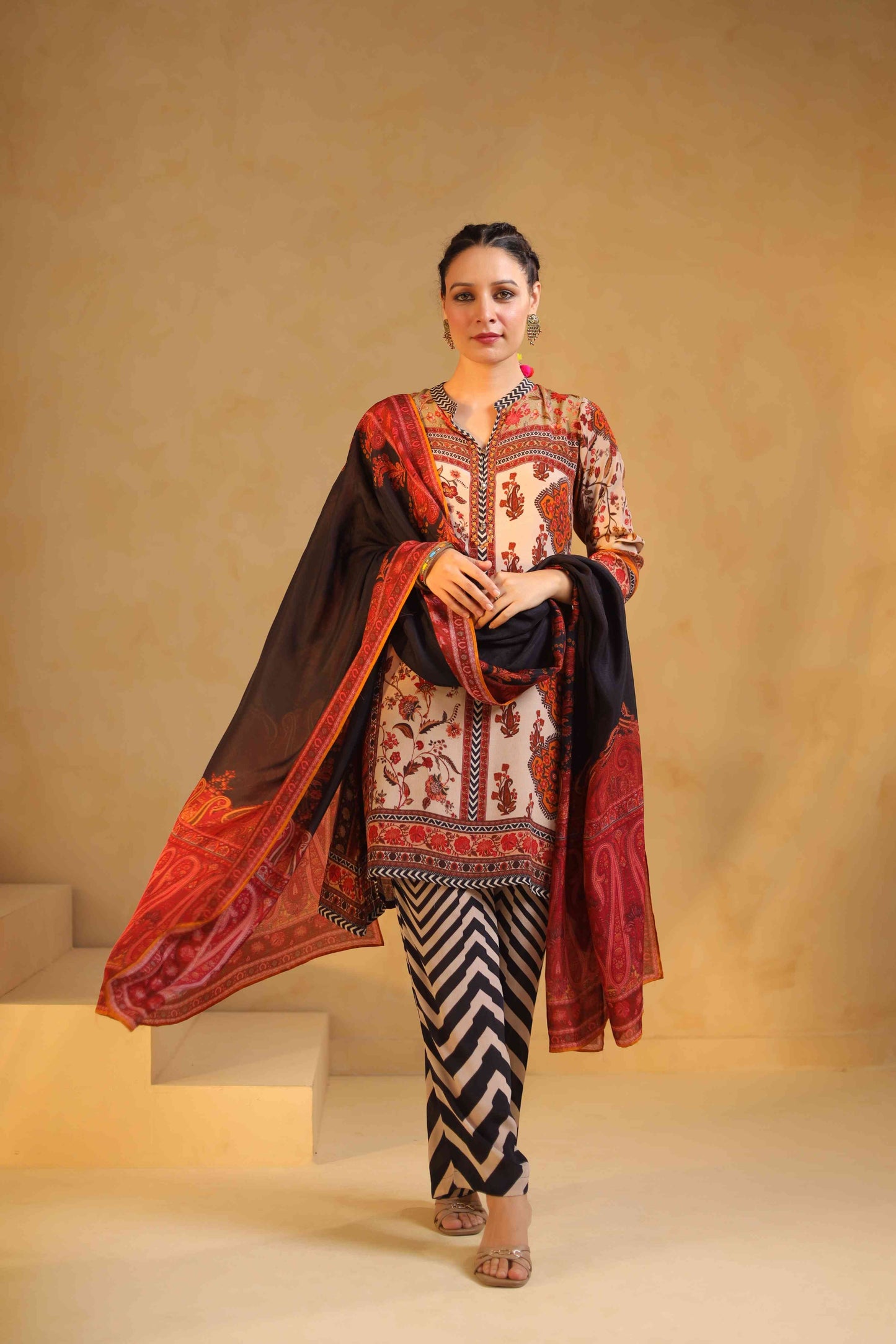 Designer pure muslin silk kurta Dupatta with crepe zig zag pants