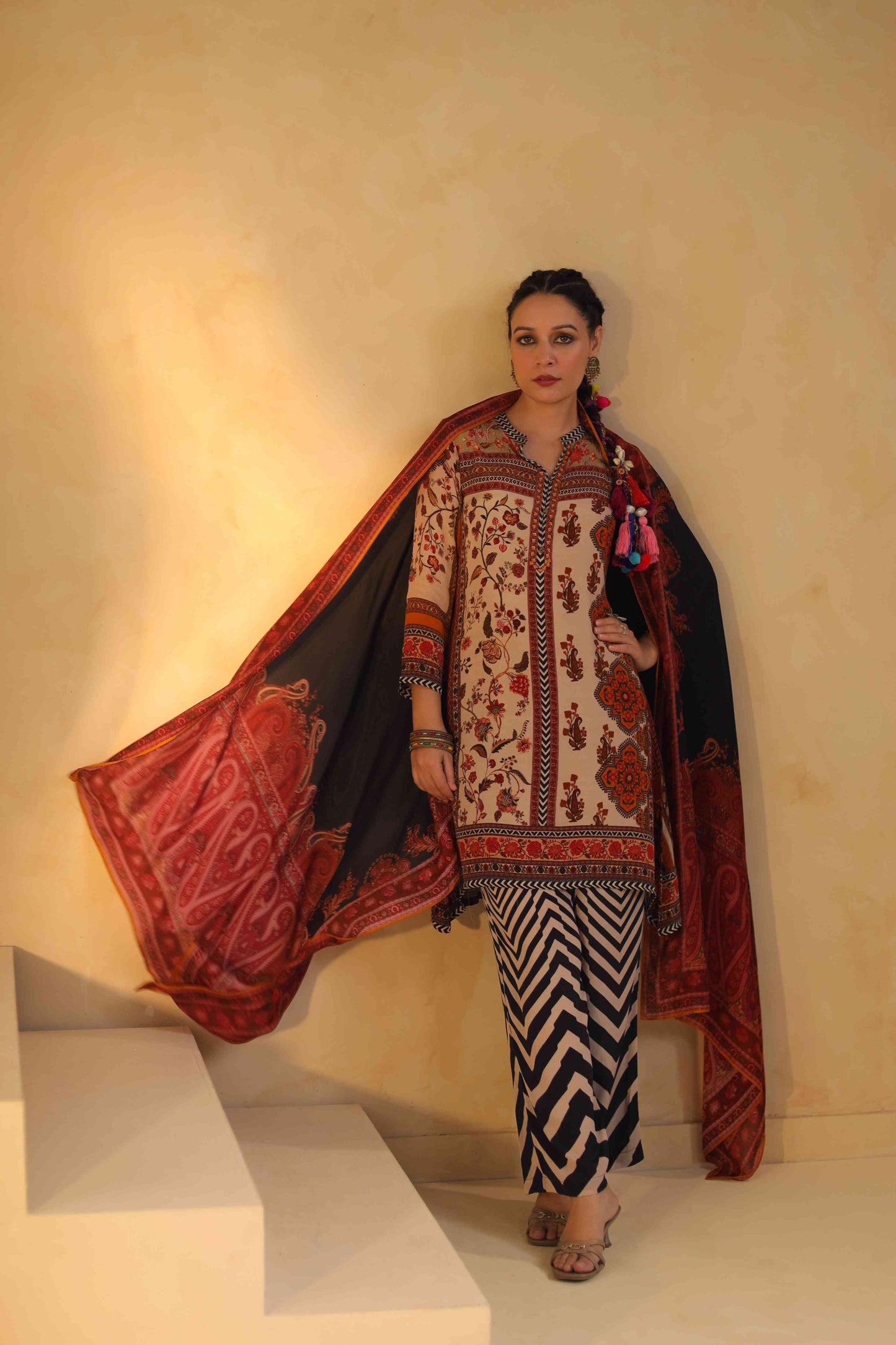 Designer pure muslin silk kurta Dupatta with crepe zig zag pants