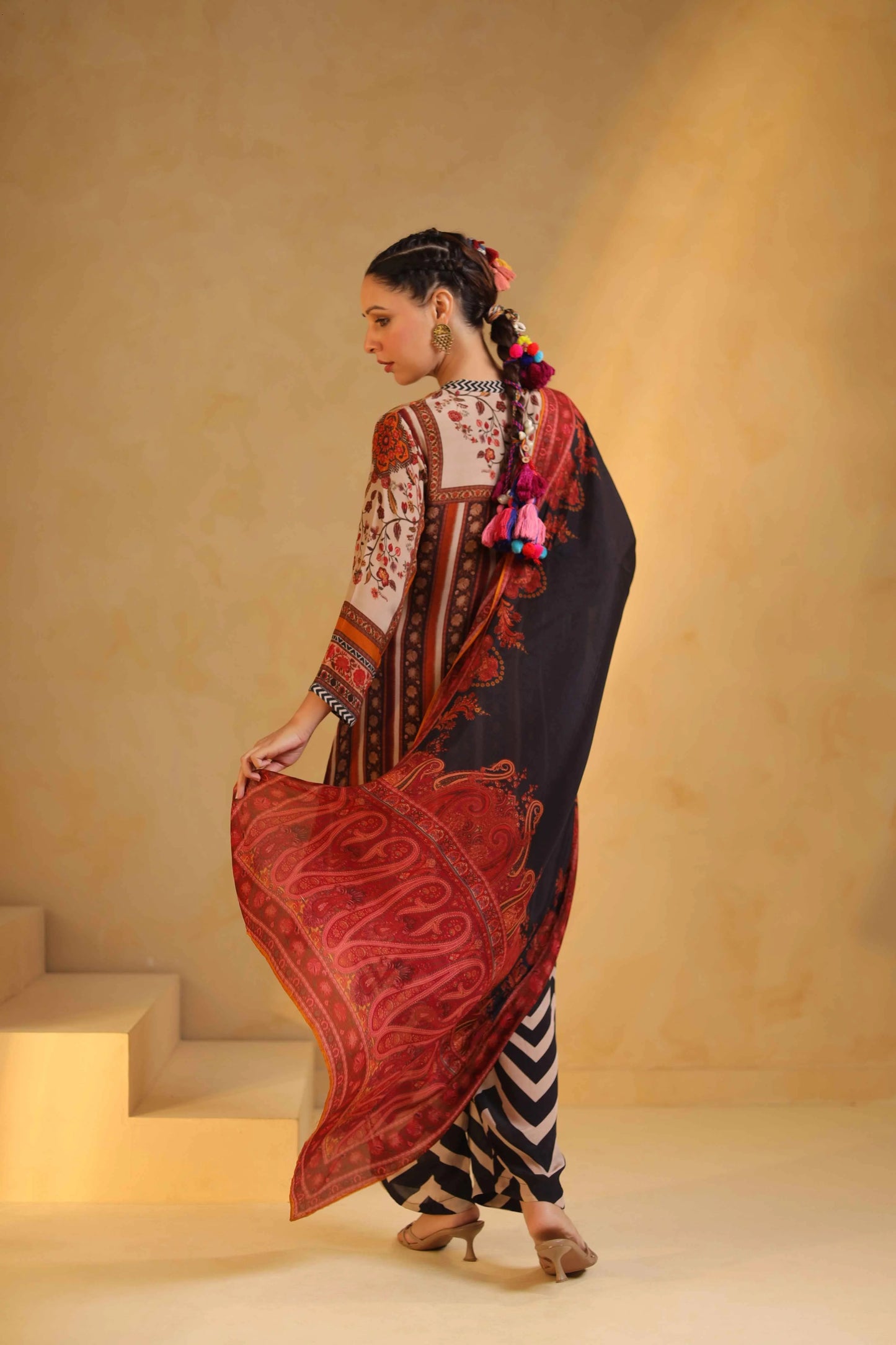 Designer pure muslin silk kurta Dupatta with crepe zig zag pants
