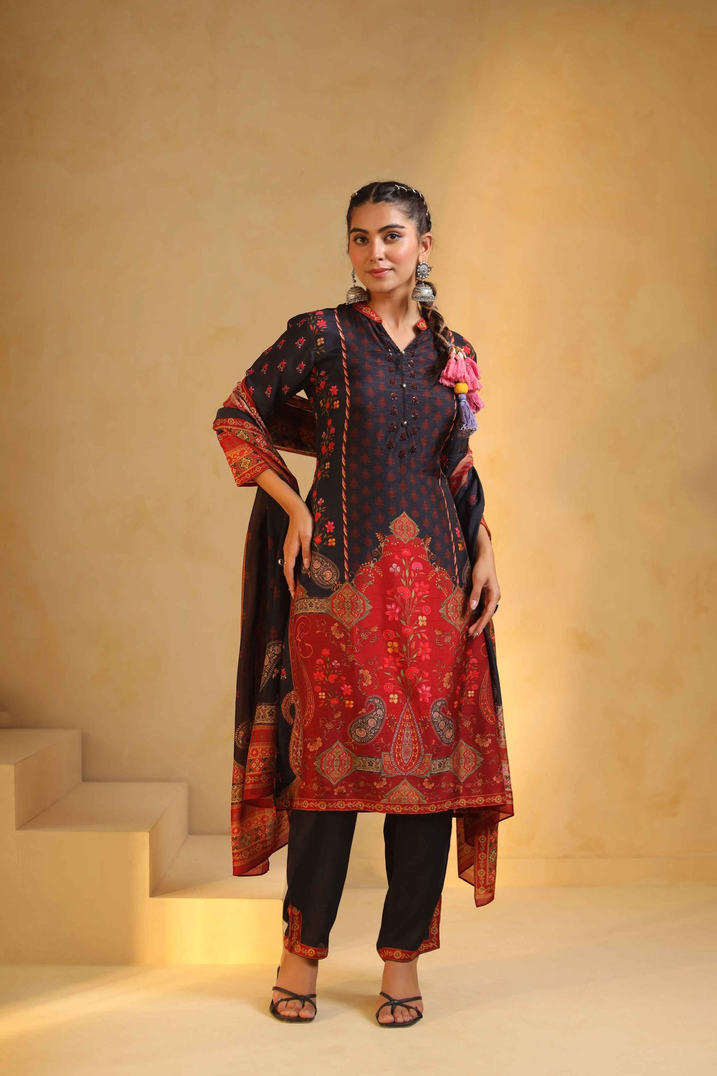 Black premium digit print silk suit with silk bottom and soft silk dupatta with cotton lining kurta