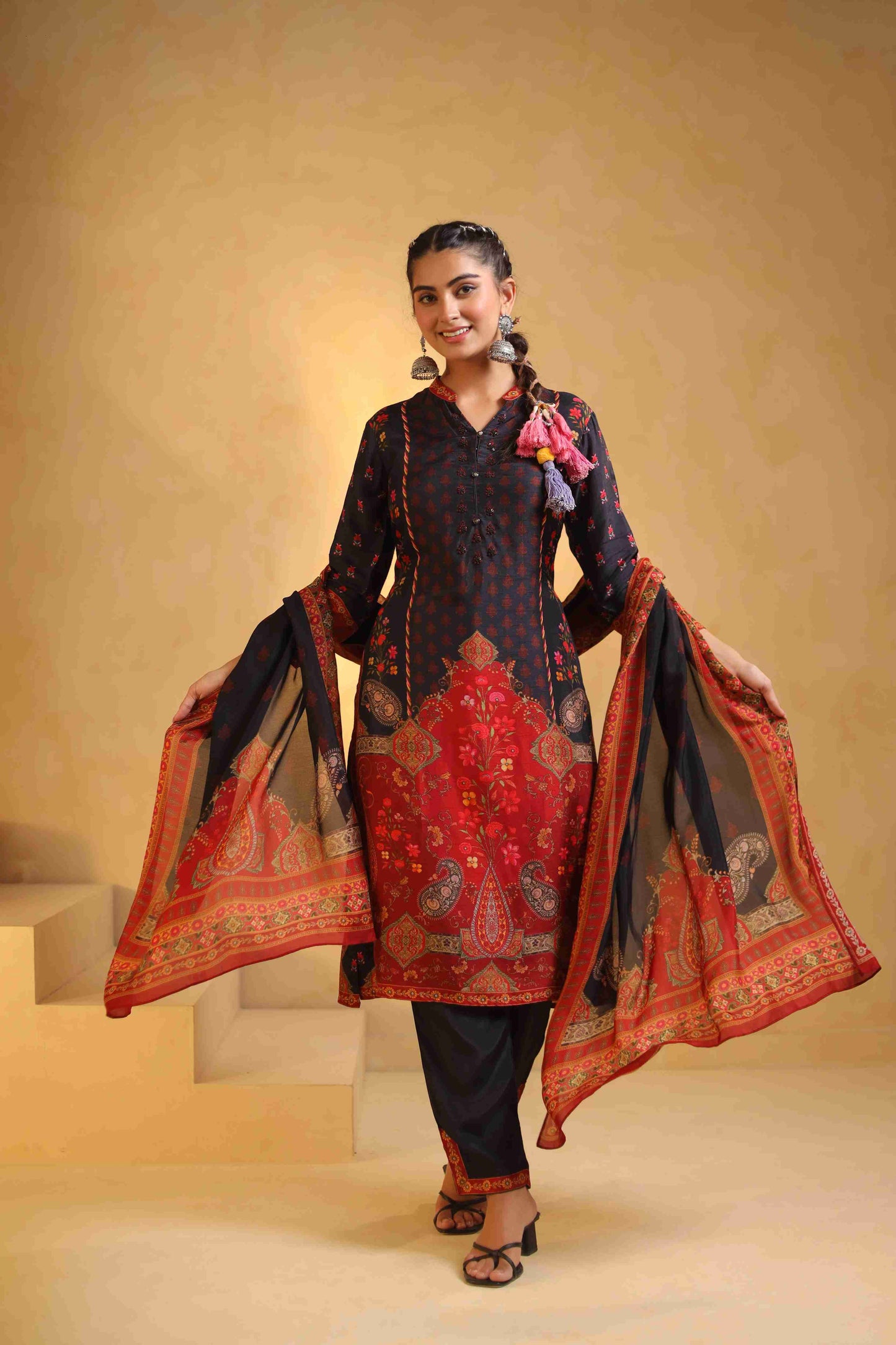 Black premium digit print silk suit with silk bottom and soft silk dupatta with cotton lining kurta