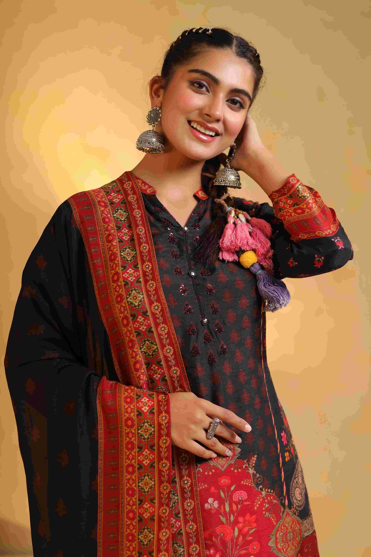 Black premium digit print silk suit with silk bottom and soft silk dupatta with cotton lining kurta