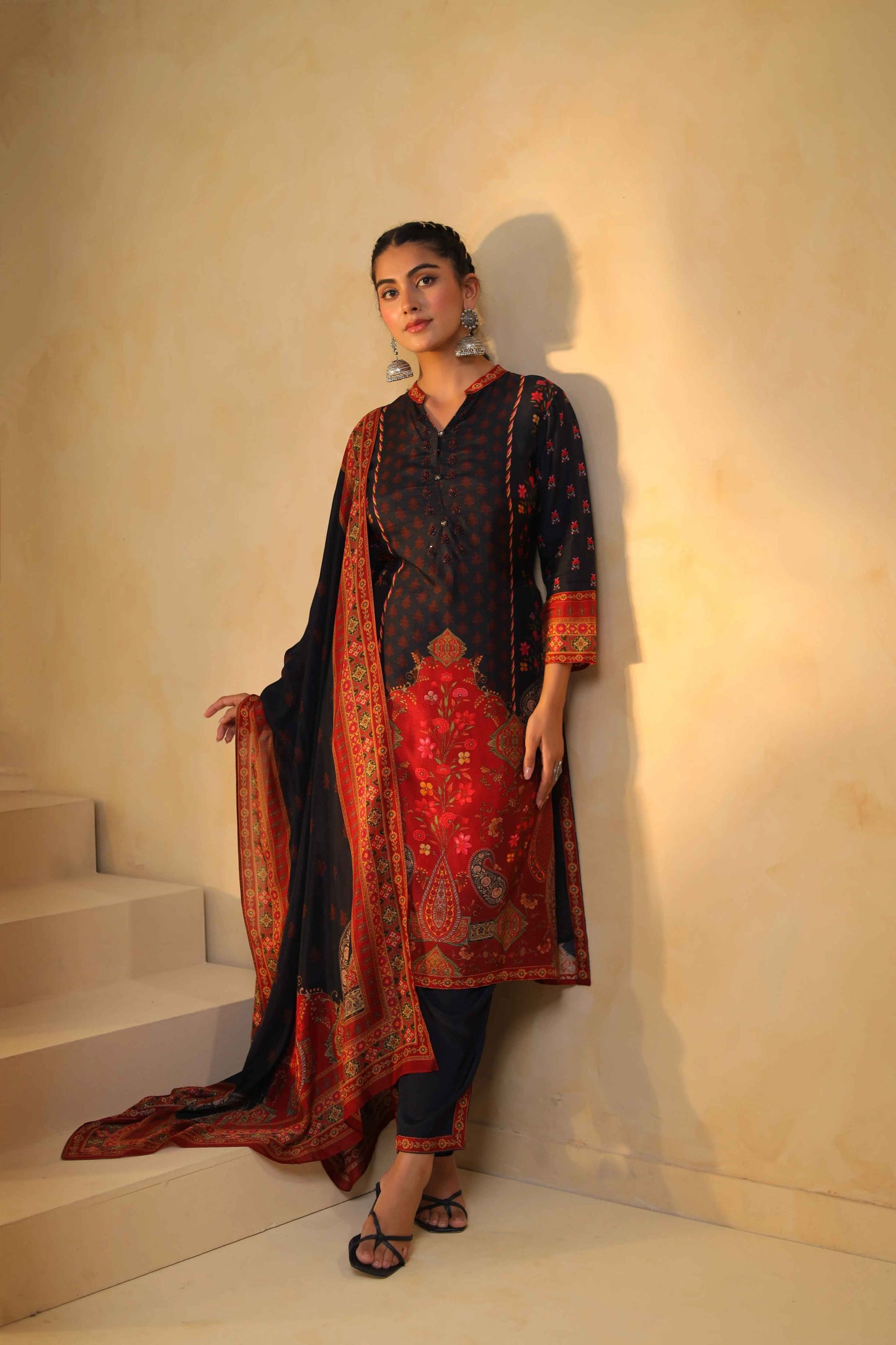 Black premium digit print silk suit with silk bottom and soft silk dupatta with cotton lining kurta