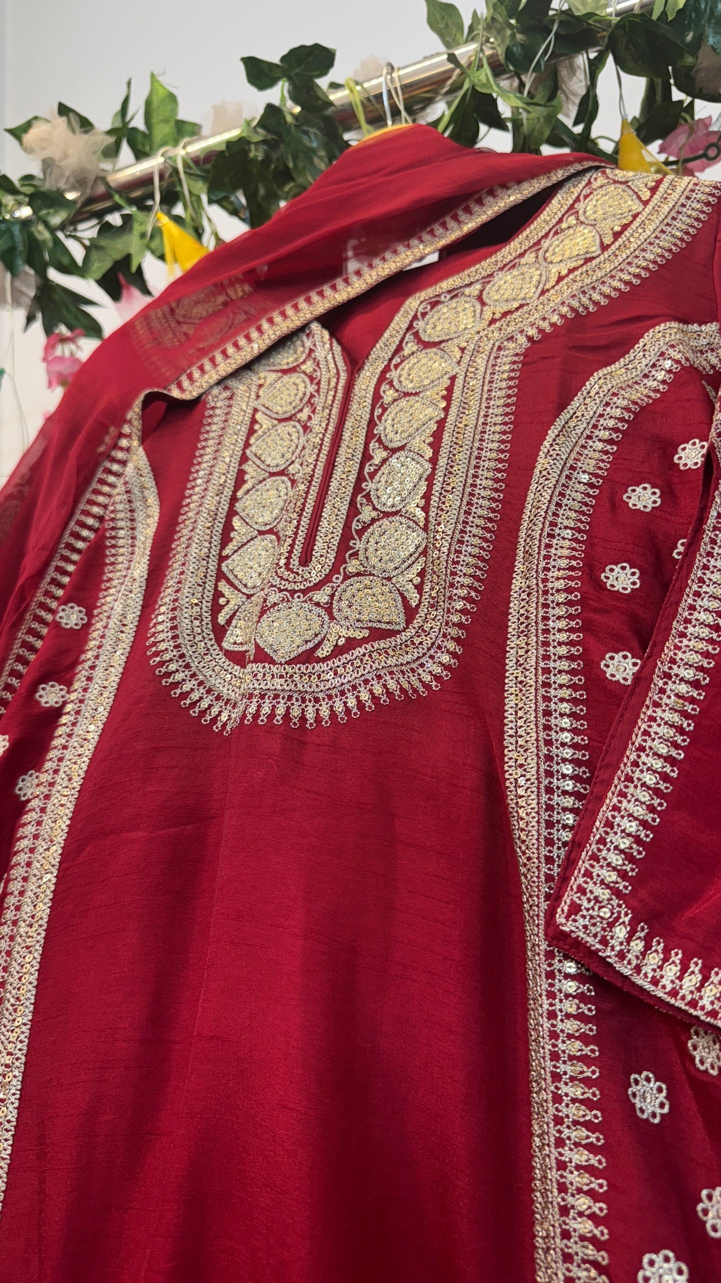 Red classy silk Zari embroidery suit
