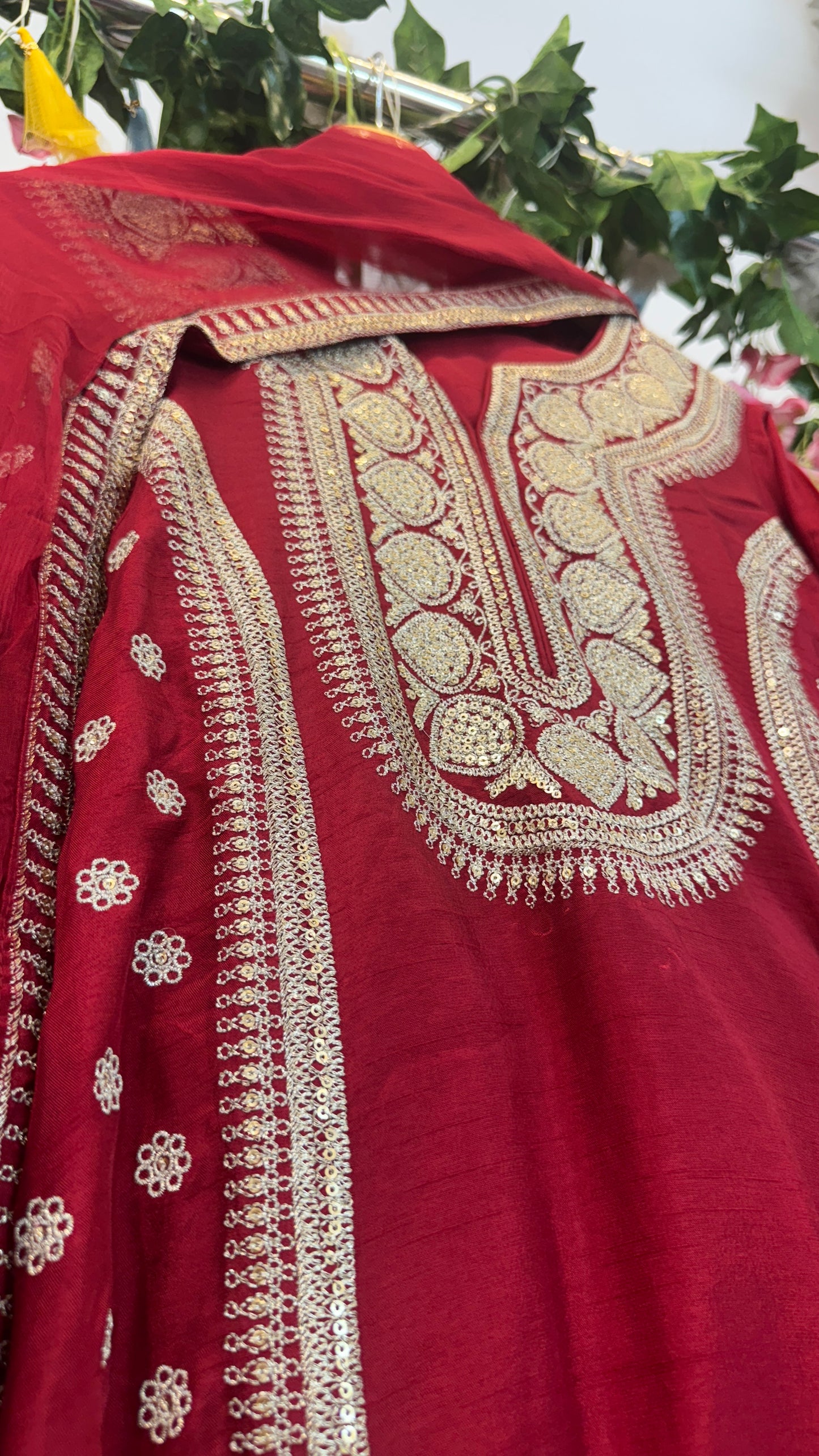 Red classy silk Zari embroidery suit