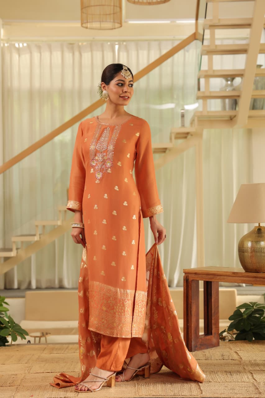 Rust Pure banaras organza silk with cotton lining suit