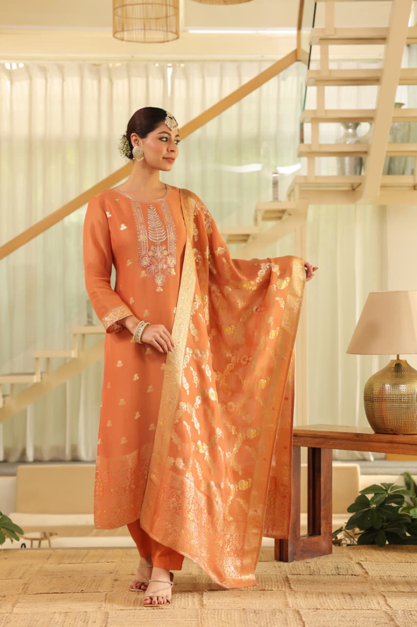 Rust Pure banaras organza silk with cotton lining suit