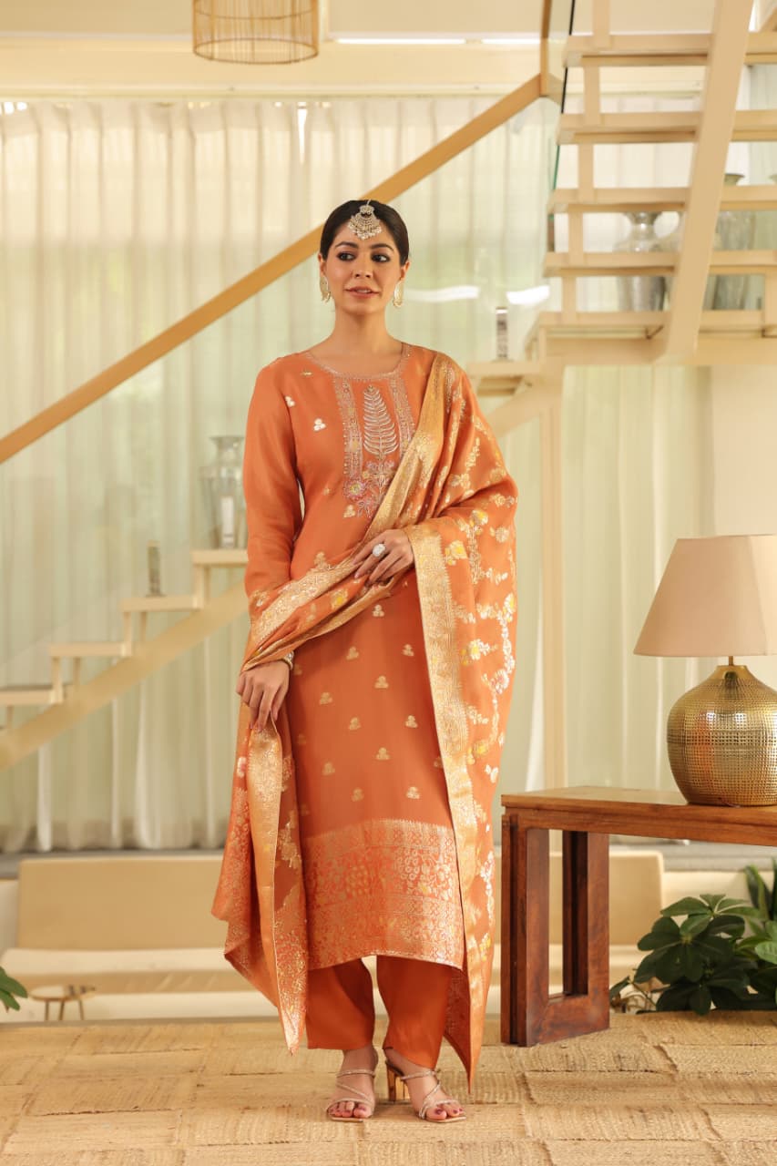 Rust Pure banaras organza silk with cotton lining suit