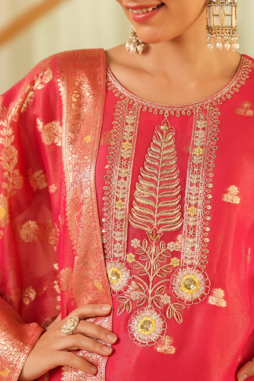 Pink Pure banaras organza silk with cotton lining suit