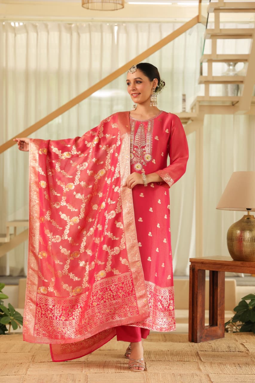Pink Pure banaras organza silk with cotton lining suit