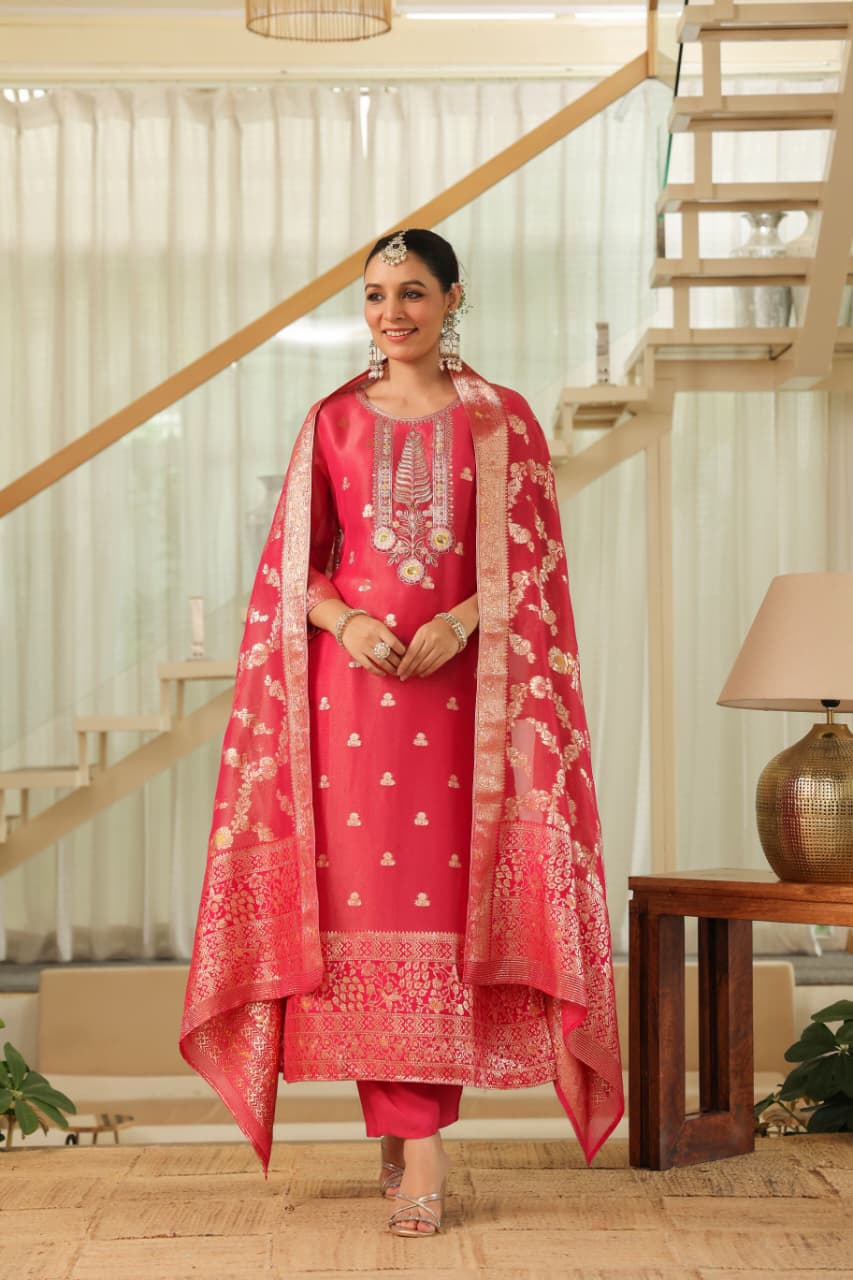 Pink Pure banaras organza silk with cotton lining suit