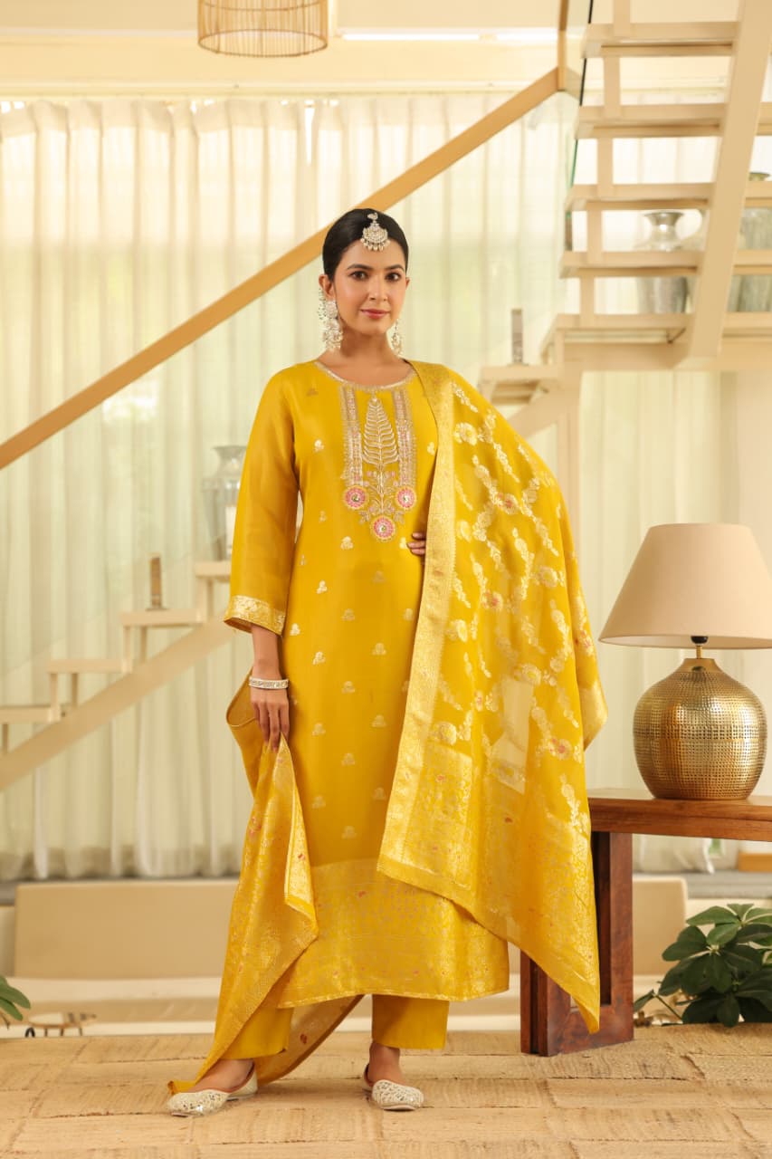 Yellow Pure banaras organza silk with cotton lining suit