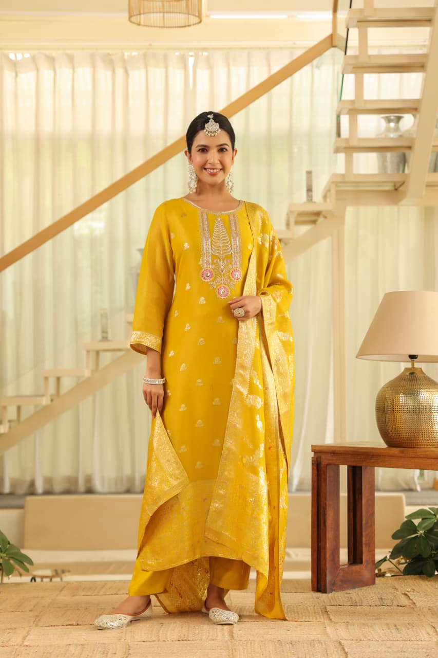Yellow Pure banaras organza silk with cotton lining suit